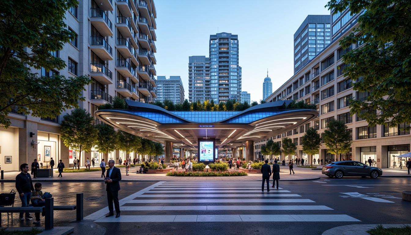 Prompt: Vibrant bus station, fusion architecture, curved lines, dynamic shapes, urban landscape, bustling streets, modern transportation hub, glass fa\u00e7ade, metallic accents, LED lighting displays, digital signage, green roofs, eco-friendly materials, natural ventilation systems, public art installations, pedestrian-friendly spaces, wheelchair-accessible ramps, real-time information boards, futuristic ambiance, high-contrast colors, dramatic shadows, 1/1 composition, symmetrical framing, soft focus blur.