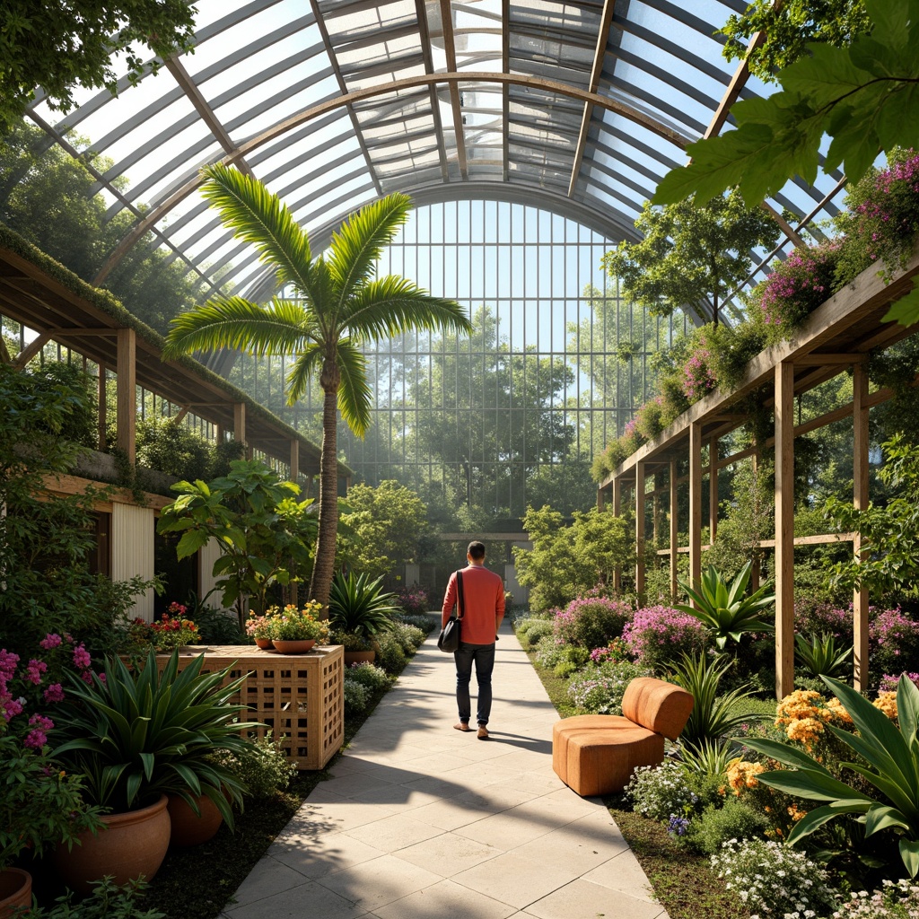 Prompt: Lush greenhouse interior, vibrant botanical colors, warm natural light, misty atmosphere, exotic tropical plants, delicate flowers, leafy greens, earthy terracotta pots, wooden trellises, woven rattan furniture, soft moss textures, dewy droplets, humid climate, airy open space, curved glass roof, modern minimalist architecture, bright accents, pops of coral pink, sunny yellow, fresh mint green, soft peach tones, shallow depth of field, 1/1 composition, warm softbox lighting.