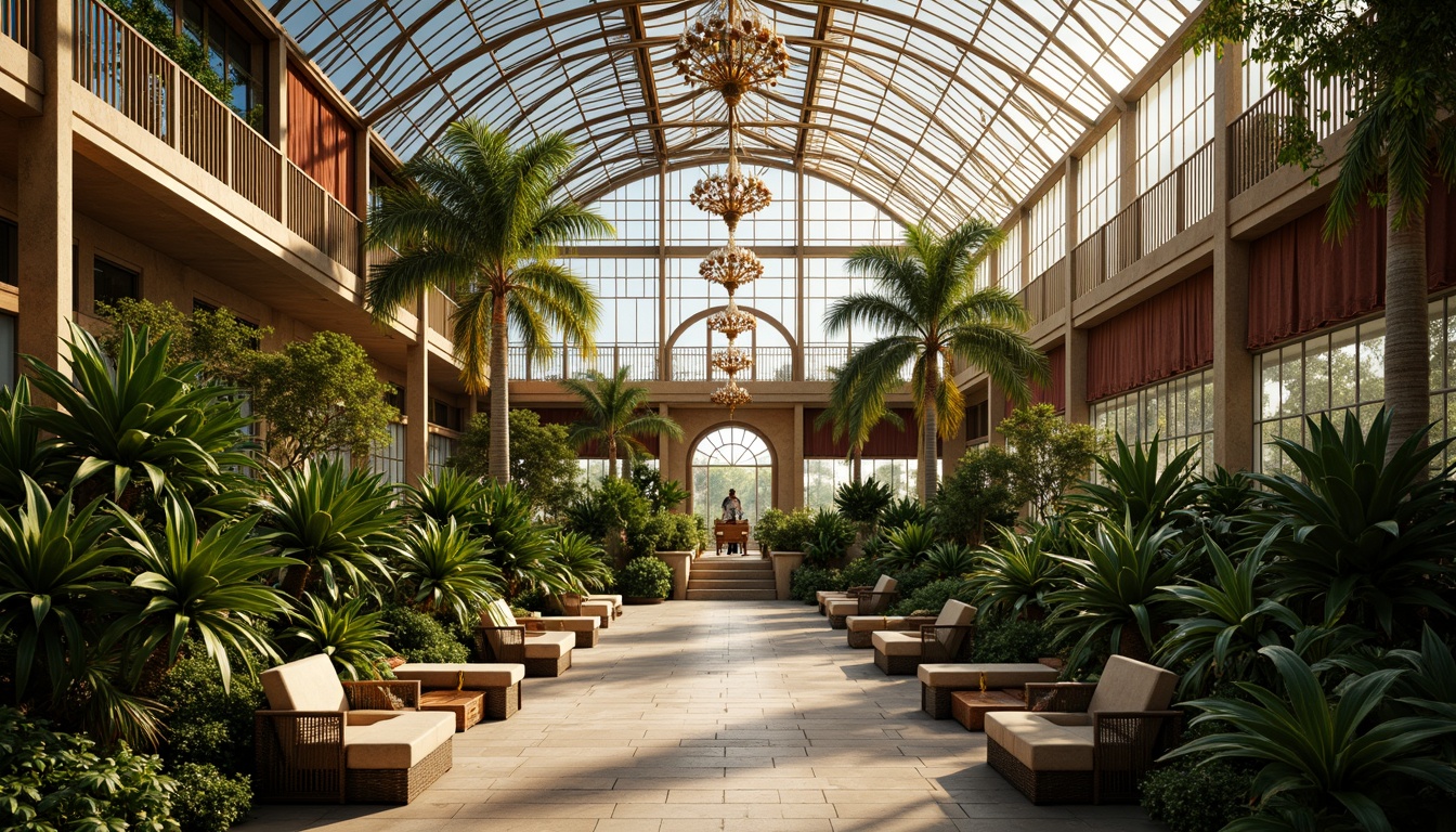 Prompt: Elegant Art Deco greenhouse, lush tropical plants, ornate metal frames, stained glass windows, luxurious velvet drapes, soft warm lighting, golden metallic accents, symmetrical geometric patterns, lavish crystal chandeliers, natural stone flooring, rich wooden panels, grandiose entranceways, exotic palm trees, bright sunny day, shallow depth of field, 3/4 composition, realistic textures, ambient occlusion.