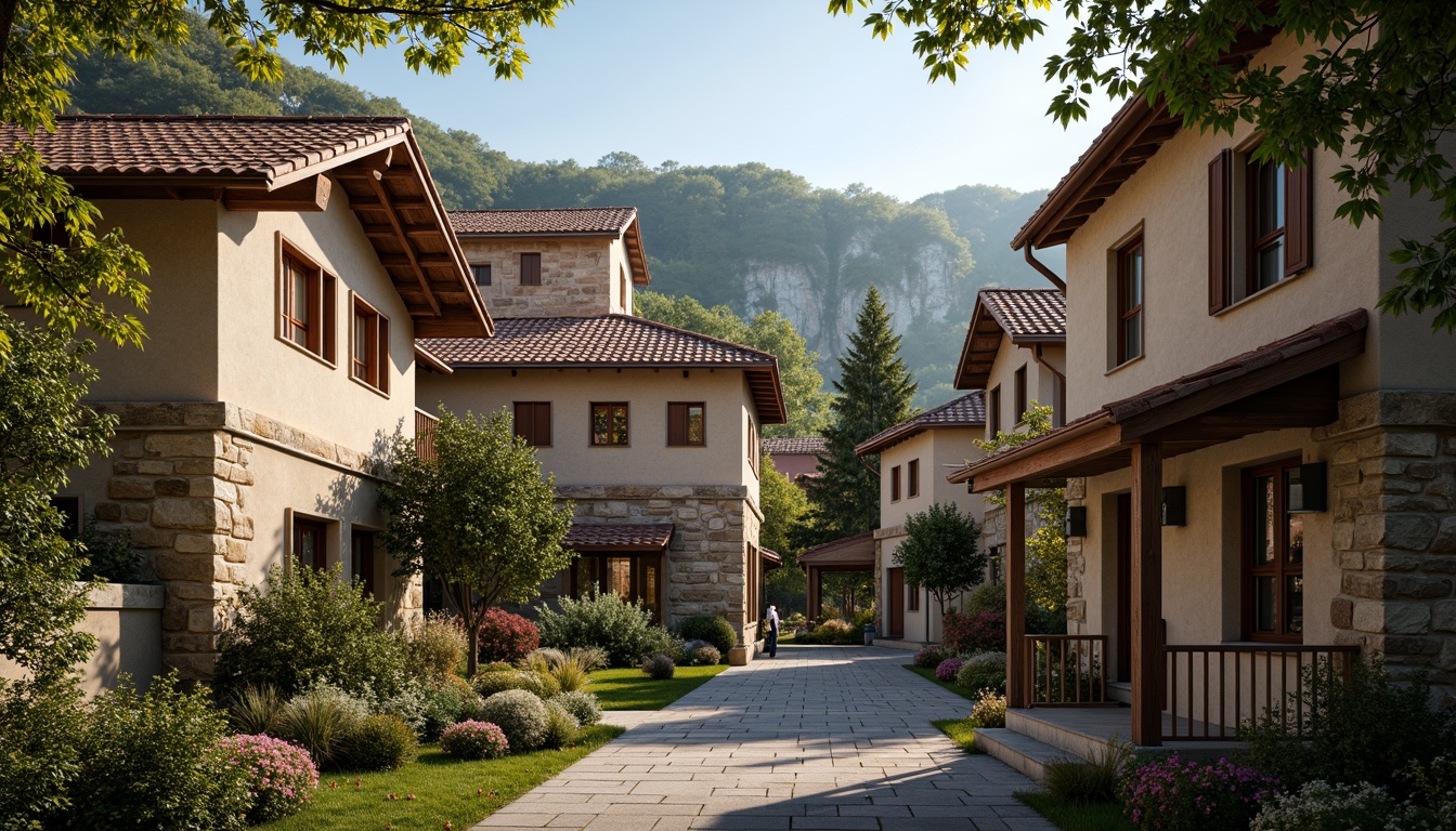 Prompt: Rustic village, traditional houses, steeply pitched roofs, terra cotta tiles, curved eaves, ornate gables, wooden shutters, earthy color palette, natural stone walls, lush greenery, overhanging trees, soft warm lighting, 1/1 composition, realistic textures, ambient occlusion, serene atmosphere.