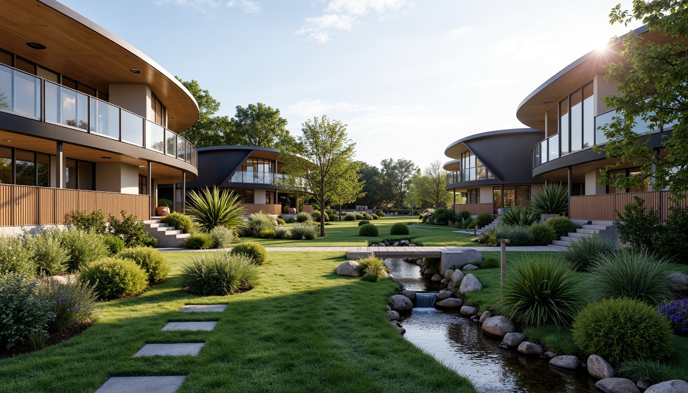 Prompt: Curved modern homes, sleek metal accents, large glass windows, minimalist landscaping, lush green grass, natural stone pathways, serene water features, gentle stream flow, rustic wooden bridges, vibrant flower beds, ornamental shrubs, ambient outdoor lighting, soft warm glow, shallow depth of field, 3/4 composition, panoramic view, realistic textures, ambient occlusion.