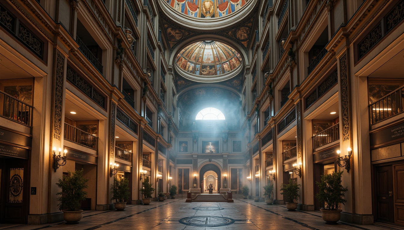 Prompt: Intricate stone carvings, ornate arches, grand domes, rich mosaics, golden accents, ornamental columns, vibrant frescoes, sacred icons, luxurious marble floors, elaborate chandeliers, majestic vaulted ceilings, soft warm lighting, atmospheric mist, mysterious shadows, cinematic composition, symmetrical framing, high contrast ratio, dramatic focal length.