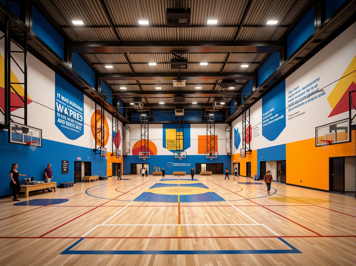 Prompt: Vibrant gymnasium interior, bold color scheme, energetic atmosphere, dynamic lighting, modern sports equipment, sleek metallic frames, polished wood floors, motivational quotes, inspirational murals, state-of-the-art sound systems, high ceilings, spacious open areas, angular lines, minimalist design, bold typography, bright accents, warm beige tones, deep blues, fiery oranges, electric yellows, panoramic views, shallow depth of field, 3/4 composition, realistic textures, ambient occlusion.