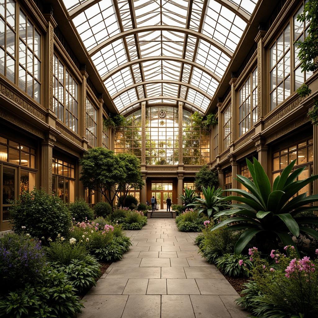 Prompt: Art Deco greenhouse, ornate facades, geometric patterns, metallic frames, stained glass windows, lush greenery, exotic plants, tropical flowers, intricate ironwork, symmetrical architecture, grand entrance, luxurious details, opulent materials, vintage charm, warm golden lighting, soft natural textures, 1/1 composition, medium shot, realistic rendering.