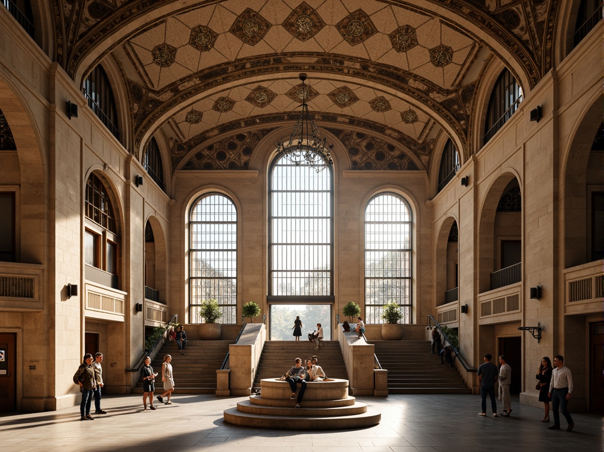 Prompt: Grand metro station, Romanesque archways, ornate stone carvings, intricate mosaics, vaulted ceilings, grand staircases, elegant chandeliers, modern transportation hubs, bustling city atmosphere, rush hour scenes, natural light pouring in, warm beige tones, rustic textures, subtle shadows, 1/1 composition, dramatic lighting, ambient occlusion.