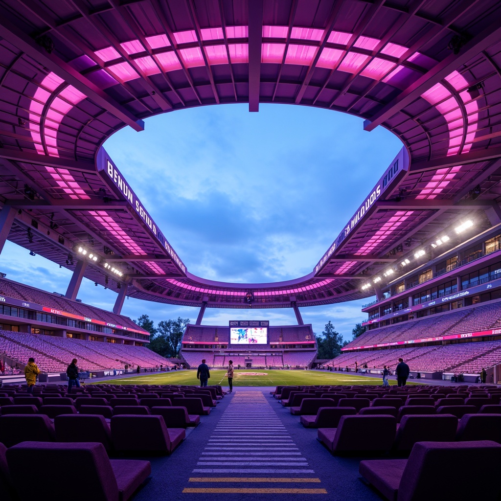 Prompt: Vibrant heliotrope-infused stadium, dynamic angular architecture, bold cantilevered roofs, sleek metallic surfaces, radiant purple and pink hues, electric blue accents, neon-lit scoreboards, lush green turf, track and field markings, athletes in motion, blurred backgrounds, shallow depth of field, 3/4 composition, panoramic view, realistic textures, ambient occlusion.