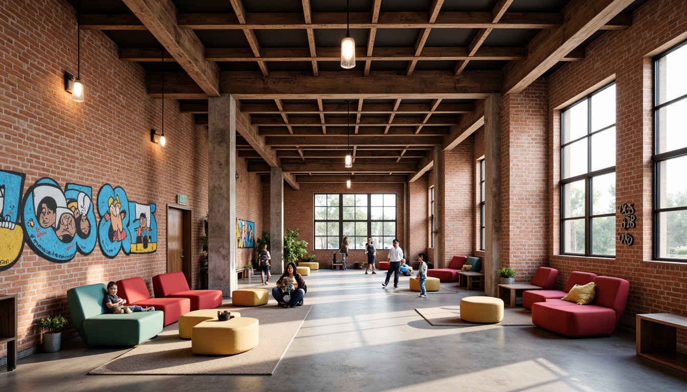 Prompt: Vibrant youth center, exposed brick walls, polished concrete floors, wooden accents, colorful murals, playful graffiti, industrial metal beams, reclaimed wood furniture, cozy reading nooks, modern minimalist lighting, natural stone columns, urban loft atmosphere, soft warm glow, shallow depth of field, 1/2 composition, realistic textures, ambient occlusion.