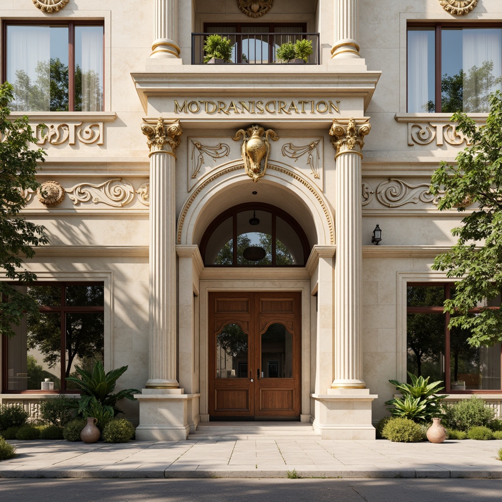 Prompt: Grandiose building facade, creamy white marble, warm beige stone columns, ornate gold accents, soft ivory pilasters, rich walnut wood tones, muted sage greenery, subtle terracotta hues, elegant bronze details, ornamental plasterwork, classical arches, symmetrical composition, dramatic chiaroscuro lighting, realistic textures, ambient occlusion.