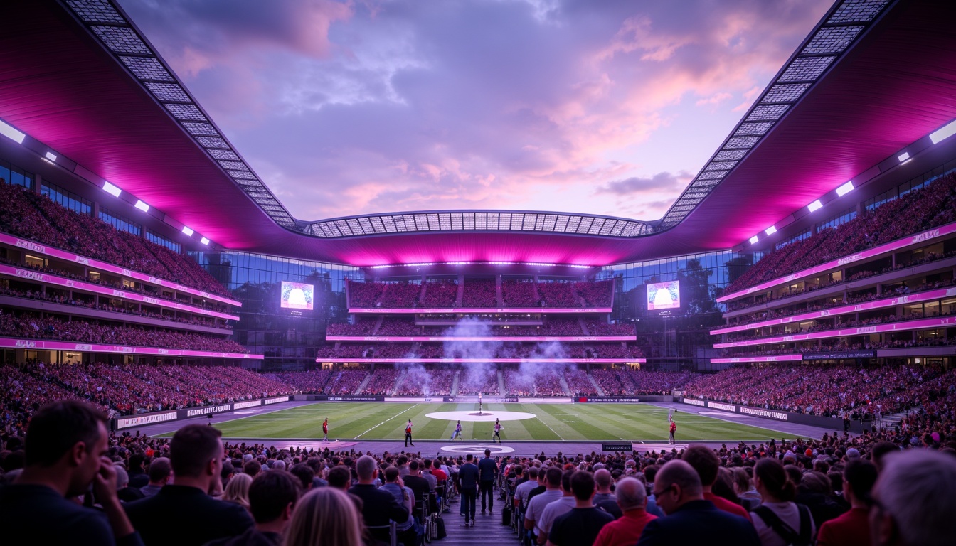 Prompt: Vibrant heliotrope-inspired stadium, electric purple hues, deep pink accents, metallic silver details, sleek modern architecture, curved lines, angular shapes, retractable roofs, floodlights, evening sunset atmosphere, dramatic shadowing, high-contrast lighting, dynamic crowd scenes, energetic player movements, blurred motion effects, shallow depth of field, 2/3 composition, cinematic view, realistic textures, ambient occlusion.