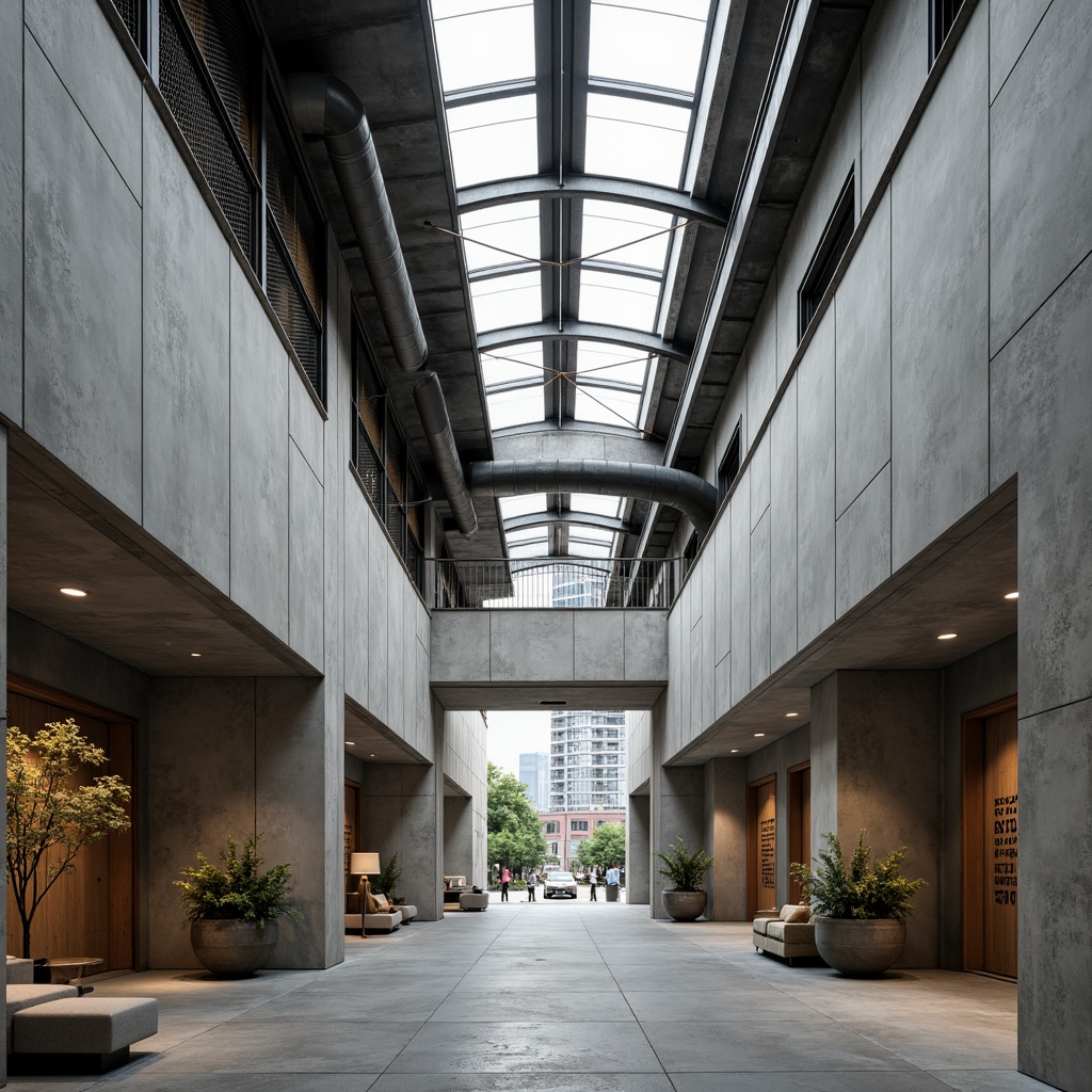 Prompt: Industrial brutalist architecture, raw concrete textures, exposed ductwork, steel beams, minimalist decor, functional simplicity, rectangular forms, clean lines, monochromatic color scheme, natural light, overhead skylights, industrial-chic ambiance, reclaimed wood accents, metal mesh railings, poured concrete floors, bold typography, geometric patterns, urban cityscape backdrop, overcast skies, dramatic shadows, high-contrast lighting, 1/1 composition, symmetrical framing.