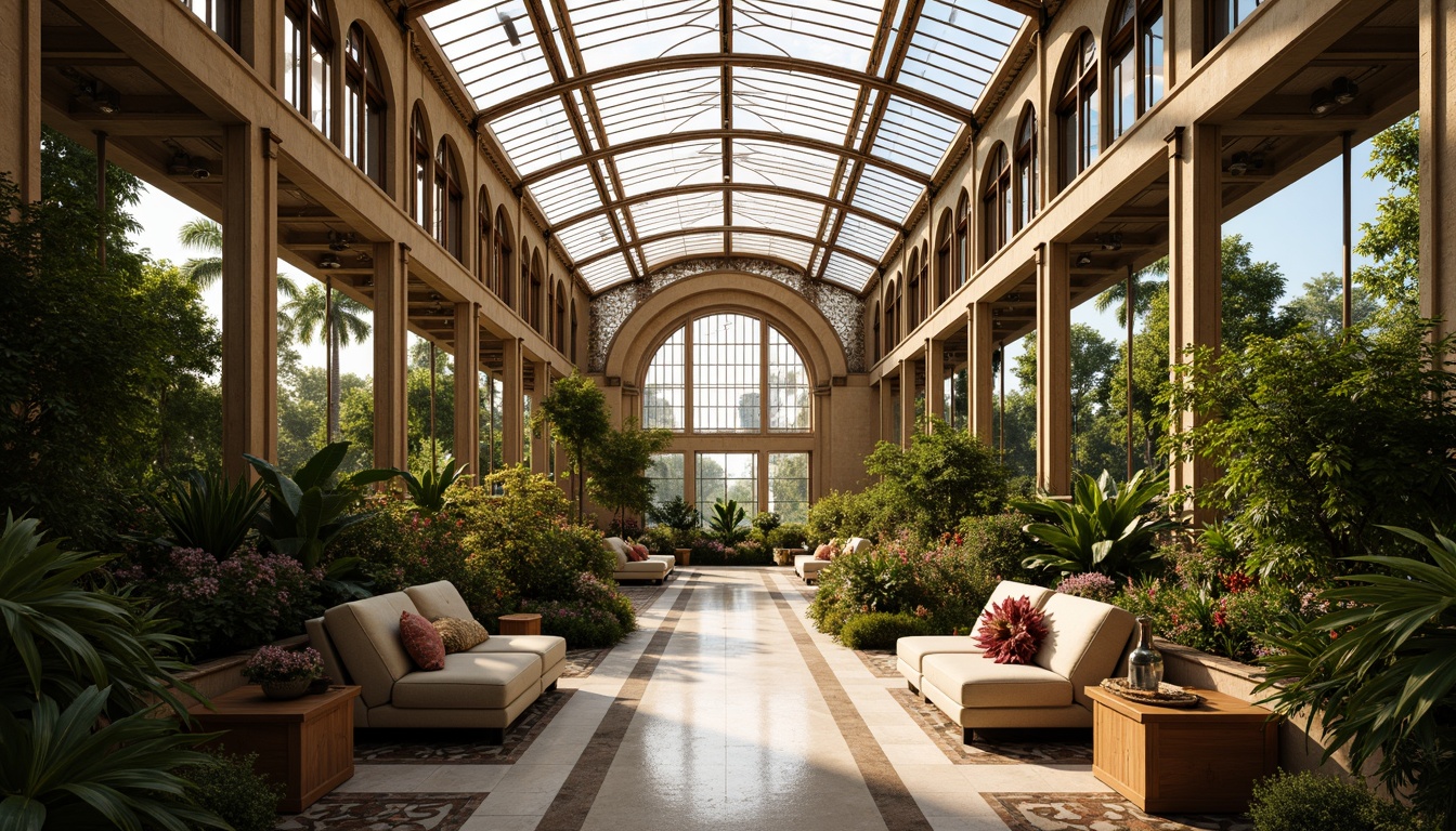 Prompt: Opulent greenhouse, Art Deco architecture, luxurious metallic frames, ornate ironwork, curved glass roofs, tropical plants, exotic flowers, subtle mosaics, geometric patterns, lavish textiles, rich wood tones, polished marble floors, warm golden lighting, soft focus, 1/1 composition, symmetrical view, realistic reflections, ambient occlusion.