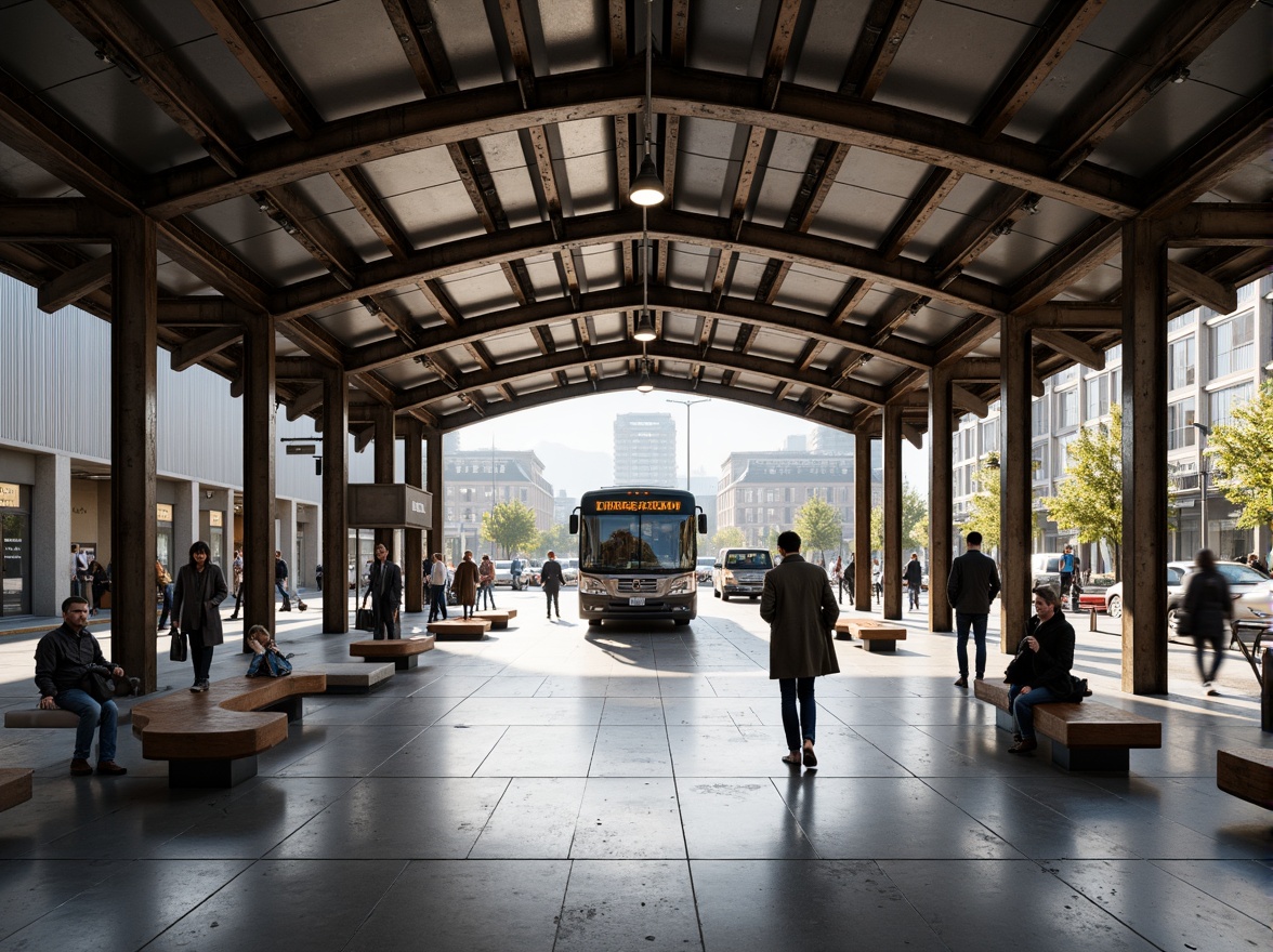 Prompt: Rustic bus station, industrial metal framework, exposed concrete walls, polished steel beams, wooden benches, urban landscape, busy street scene, morning rush hour, natural light pouring, shallow depth of field, 1/1 composition, symmetrical architecture, brutalist design, minimalist aesthetic, functional lighting, metallic textures, ambient occlusion.