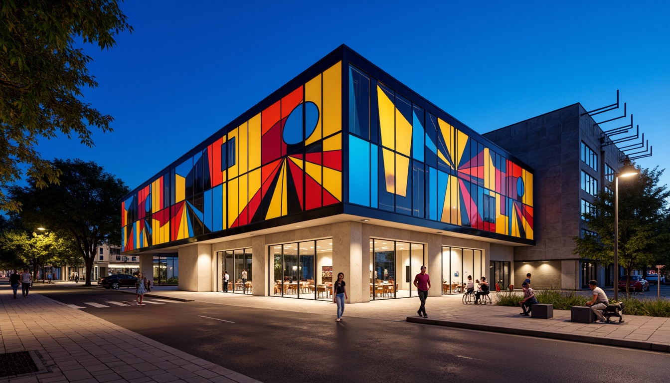 Prompt: Vibrant youth center, geometric fa\u00e7ade treatment, bold color blocking, abstract patterns, dynamic shapes, industrial materials, exposed ductwork, concrete walls, metal beams, urban landscape, cityscape views, modern streetlights, asphalt pavement, pedestrian paths, public art installations, abstract sculptures, dynamic lighting effects, nighttime illumination, shallow depth of field, 1/1 composition, realistic textures, ambient occlusion.