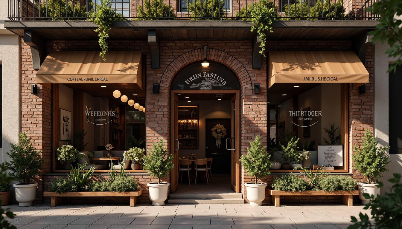 Prompt: Cozy coffee shop facade, rustic brick walls, wooden accents, vintage signage, earthy tones, regional folk patterns, ornate metalwork, lantern-style lighting, lush greenery, natural stone foundations, warm inviting atmosphere, shallow depth of field, 1/2 composition, soft warm lighting, realistic textures, ambient occlusion.