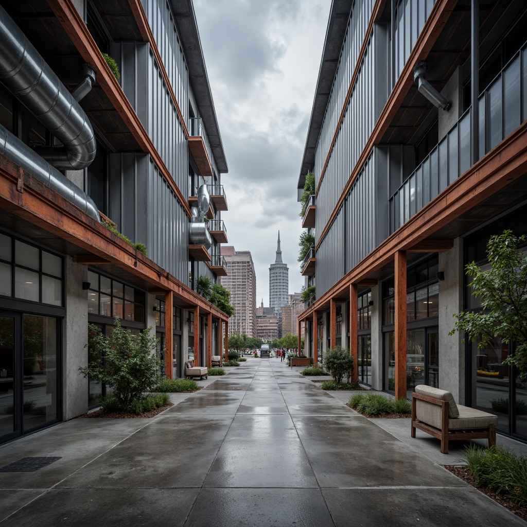 Prompt: Industrial warehouse, galvanized steel facade, rusty metal accents, exposed ductwork, polished concrete floors, urban cityscape, cloudy grey sky, dramatic backlighting, high contrast ratio, 1/1 composition, symmetrical framing, modern minimalist aesthetic, functional architecture, brutalist influences, reclaimed wood accents, metallic reflections, atmospheric misting.