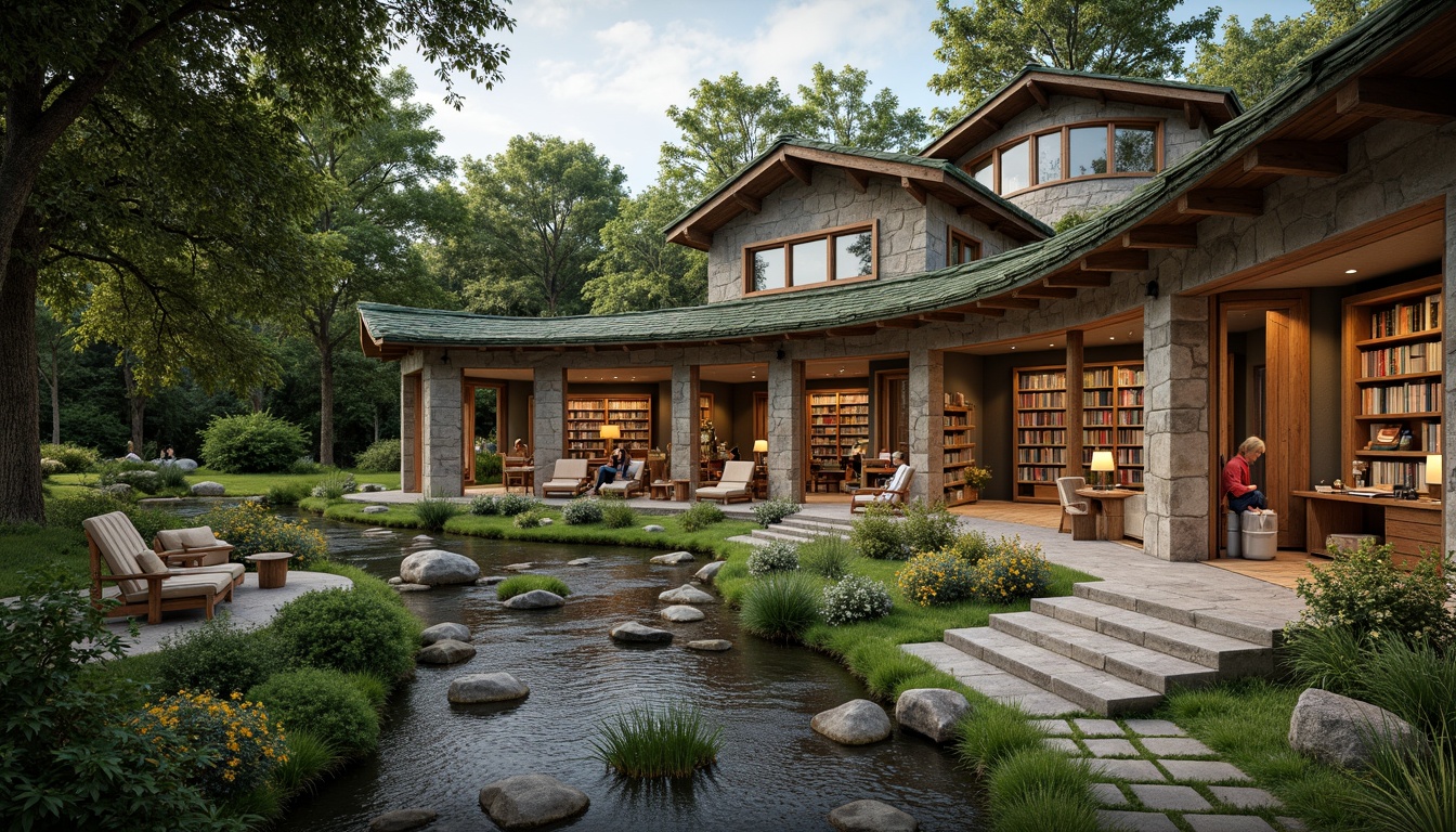 Prompt: Cozy rural library, natural stone exterior, wooden accents, green roof, lush vegetation, winding streams, rustic benches, reading nooks, earthy color palette, warm soft lighting, shallow depth of field, 3/4 composition, panoramic view, realistic textures, ambient occlusion, floor-to-ceiling windows, comfortable seating areas, bookshelves with ladder access, local artwork displays, community gathering spaces, technology integration, digital media stations, quiet reading rooms, peaceful atmosphere.