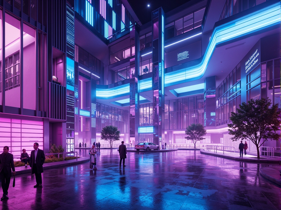 Prompt: Vibrant futuristic cityscape, iridescent neon lights, glowing blue accents, metallic silver surfaces, holographic reflections, sleek minimalist architecture, angular geometric shapes, bold color blocking, luminescent gradients, electric purple hues, hot pink undertones, deep indigo blues, radiant whites, soft pastel highlights, atmospheric misting effects, cinematic lighting, shallow depth of field, 3/4 composition, panoramic views.