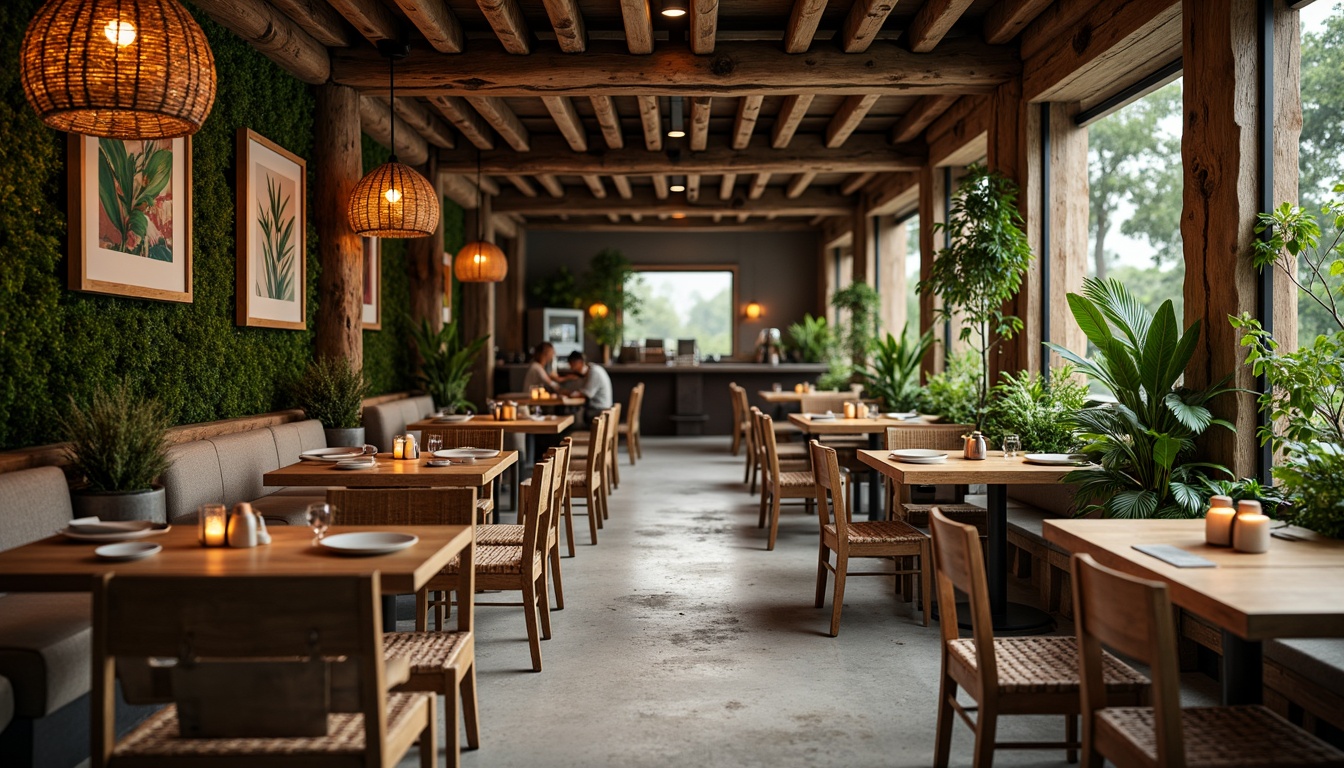 Prompt: Cozy coffee shop, reclaimed wood accents, natural stone walls, earthy color palette, lush greenery, living walls, wooden tables, woven wicker chairs, rattan pendant lights, botanical prints, warm candle lighting, soft ambient glow, shallow depth of field, 3/4 composition, panoramic view, realistic textures, ambient occlusion.