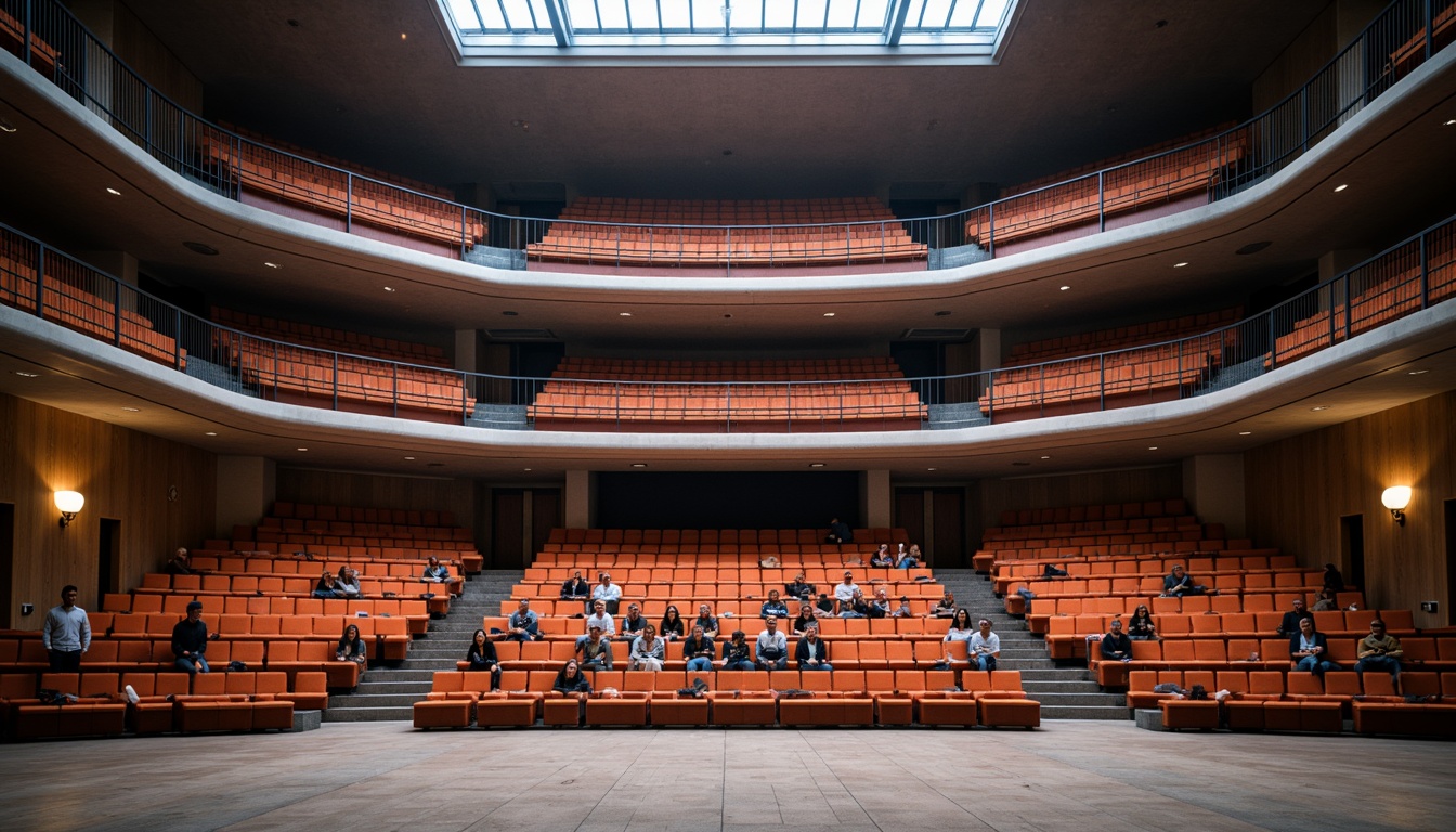 Prompt: Curved tiered seating, cantilevered balconies, sleek metal railings, minimalist design, modern amphitheater architecture, grandstand-style audience section, staggered row arrangements, comfortable cushioned chairs, vibrant colored upholstery, polished concrete floors, subtle gradient lighting, warm atmospheric ambiance, shallow depth of field, 1/2 composition, symmetrical axis, realistic textures, ambient occlusion.