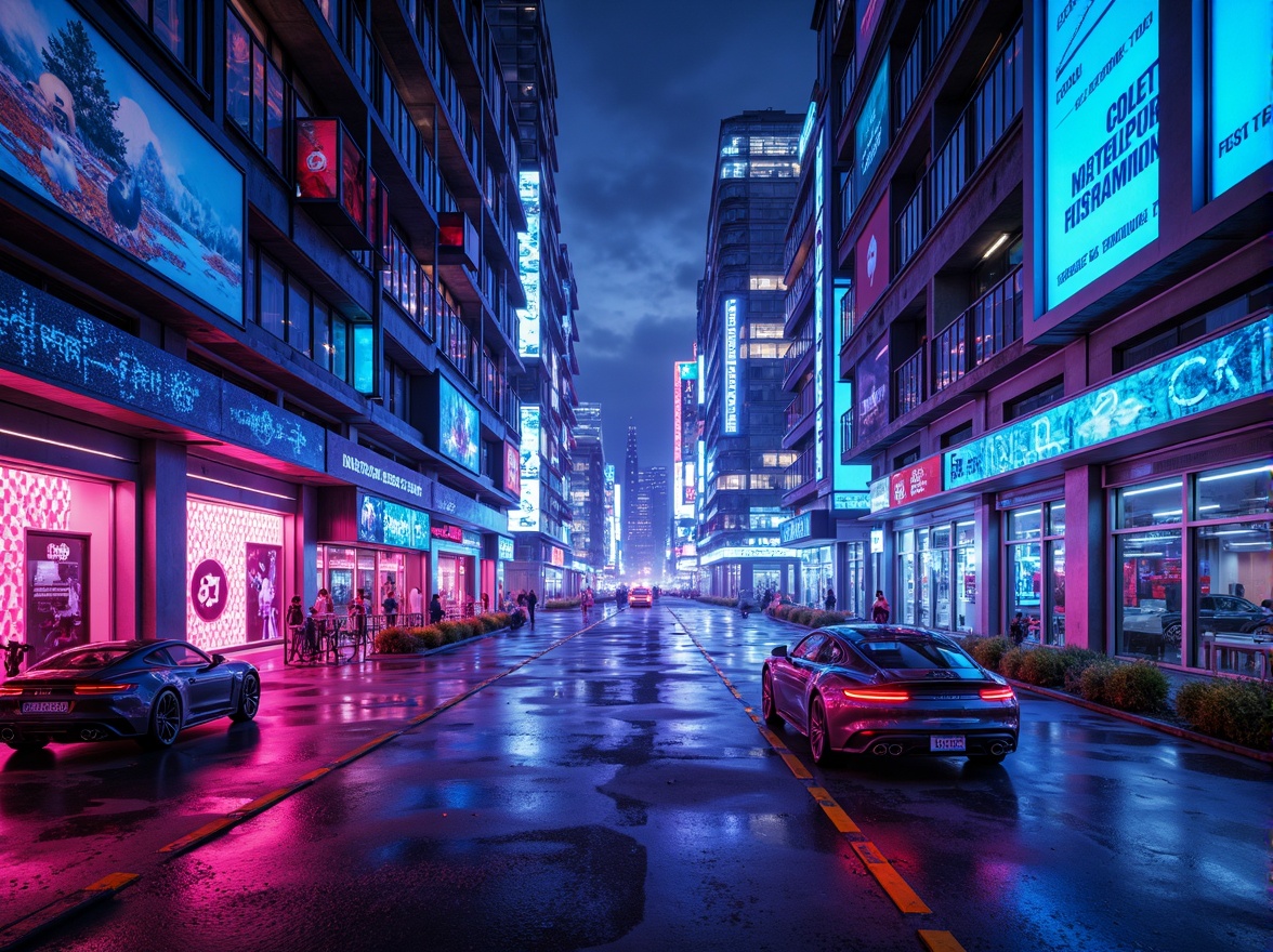 Prompt: Neon-lit cityscape, futuristic skyscrapers, metallic surfaces, iridescent hues, glowing accents, luminescent ceilings, holographic advertisements, virtual reality interfaces, cyberpunk atmosphere, dystopian mood, high-tech materials, LED lighting, electric blue tones, neon pink highlights, chrome finishes, mirror-like reflections, geometric patterns, fractal designs, futuristic transportation systems, space-age inspiration, retro-futuristic nostalgia, avant-garde aesthetic, experimental color palette, immersive environments, 360-degree visuals, VR experiences, augmented reality overlays.