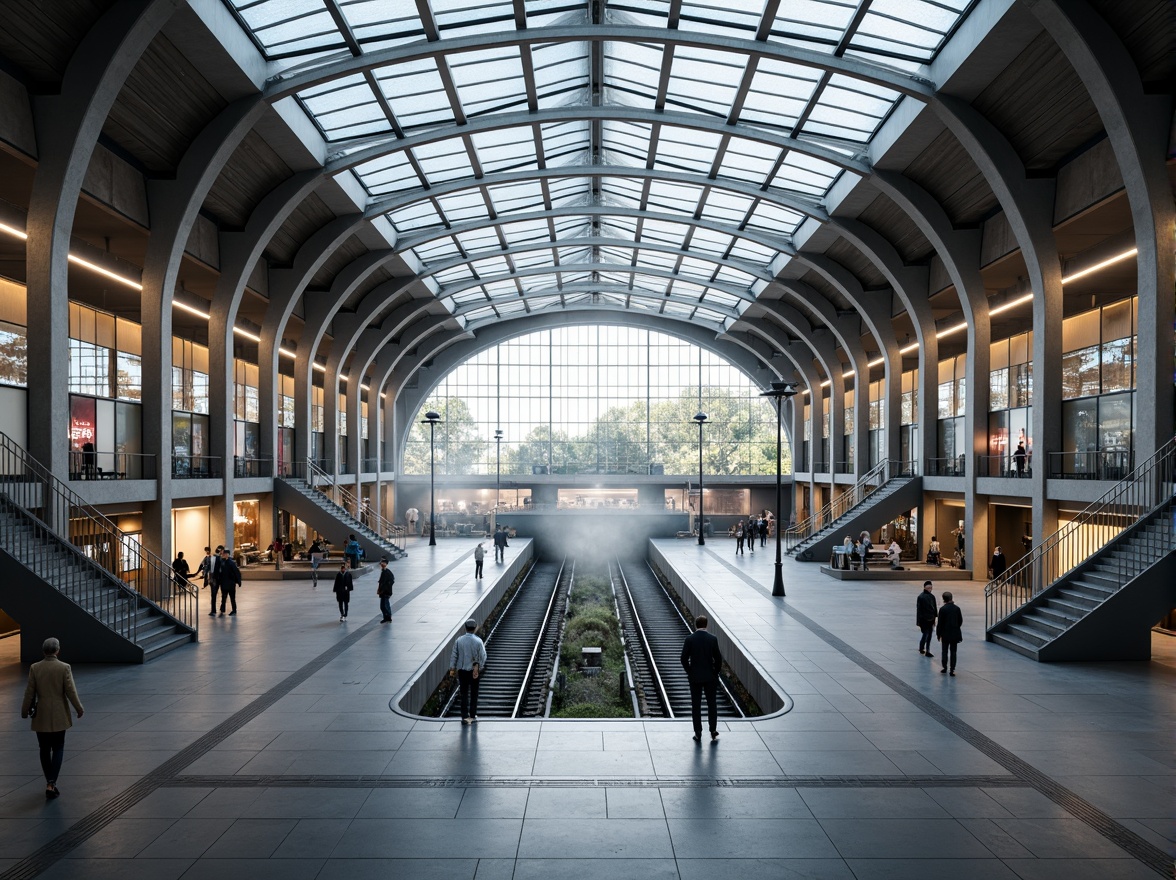 Prompt: Sleek modern train station, curved lines, minimalist architecture, large glass ceilings, natural light pouring in, polished metal accents, smooth wooden benches, flowing staircases, gentle ramps, spacious waiting areas, intricate tile patterns, soft ambient lighting, shallow depth of field, 1/2 composition, realistic reflections, atmospheric fog effects, subtle steam textures.