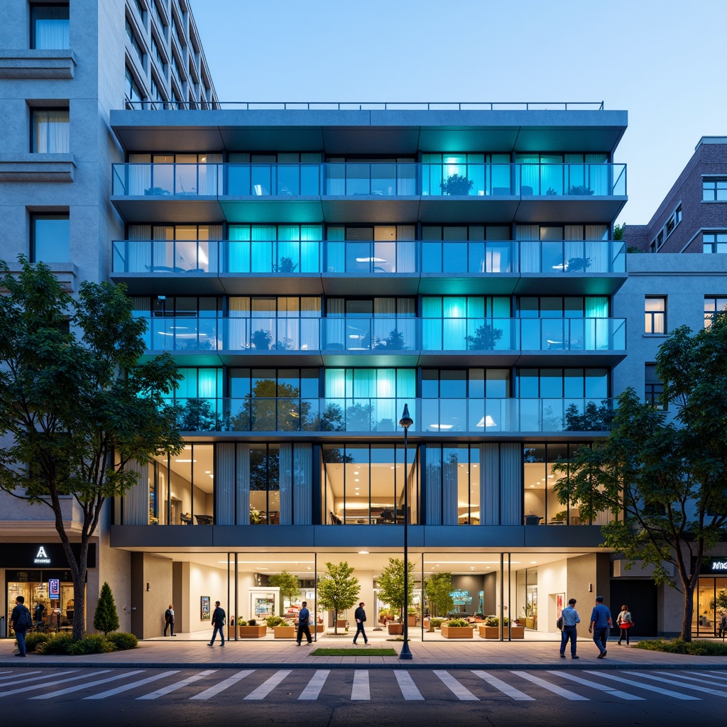 Prompt: Modern dental clinic facade, sleek glass surfaces, minimalist metal frames, vibrant LED lighting, subtle curves, calming blue tones, natural stone accents, green walls, urban cityscape, busy streets, morning sunlight, shallow depth of field, 3/4 composition, panoramic view, realistic textures, ambient occlusion.