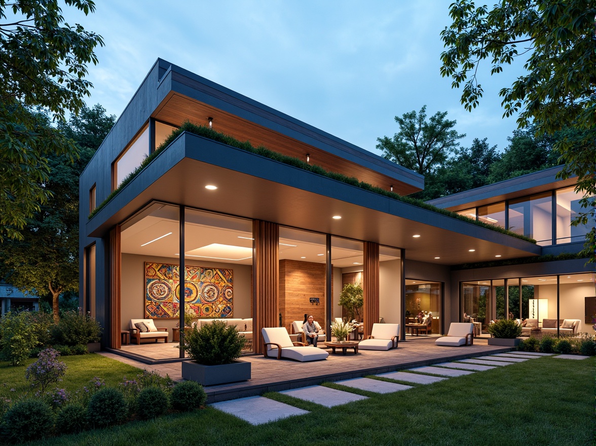 Prompt: Modern home exterior, sleek lines, minimalist design, large windows, sliding glass doors, wooden accents, natural stone cladding, green roofs, solar panels, eco-friendly materials, sustainable energy solutions, water conservation systems, innovative cooling technologies, shaded outdoor spaces, misting systems, vibrant colorful textiles, intricate geometric motifs, cozy interior ambiance, soft warm lighting, comfortable furniture, plush carpets, ambient occlusion, realistic textures, 3/4 composition, panoramic view.