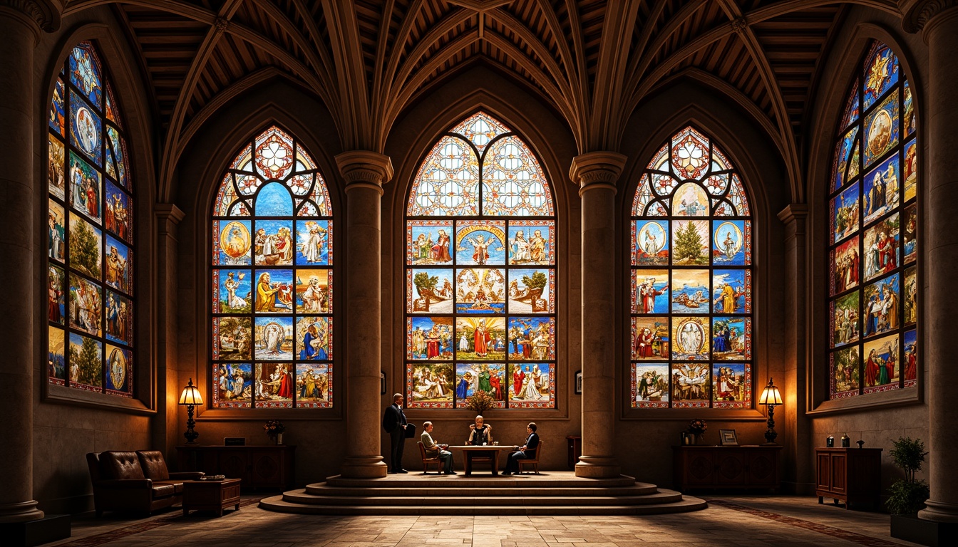 Prompt: Vibrant stained glass windows, intricate medieval patterns, rich jewel-toned colors, ornate stone cathedrals, grandiose vaulted ceilings, ribbed arches, flying buttresses, dramatic lighting effects, kaleidoscope-like color schemes, mystical symbolic motifs, biblical narrative scenes, heavenly atmosphere, serene ambiance, warm golden light, subtle texture details, realistic reflections, 3/4 composition, close-up shots, shallow depth of field.