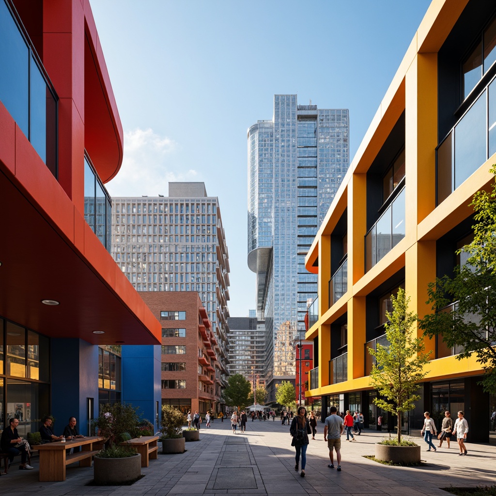 Prompt: Vibrant youth center, constructivist architecture, dynamic angular forms, bold color blocking, industrial materials, exposed ductwork, metallic accents, geometric patterns, urban cityscape, morning sunlight, high contrast lighting, shallow depth of field, 1/2 composition, realistic textures, ambient occlusion.