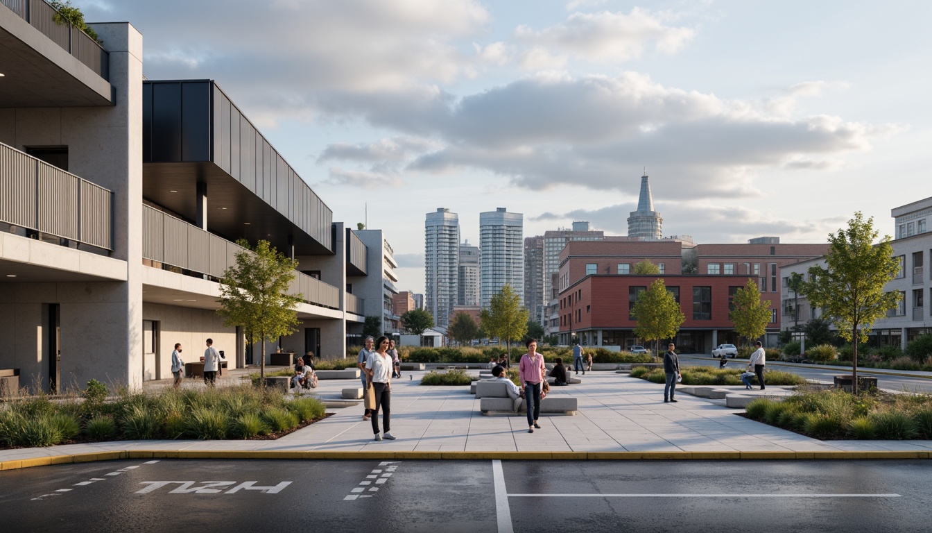 Prompt: Clean lines, rectangular forms, functional simplicity, industrial materials, raw concrete textures, steel frames, large windows, geometric patterns, asymmetrical compositions, bold typography, primary color accents, minimalist decor, urban cityscape, cloudy sky, dramatic shading, high contrast lighting, 1/1 composition, realistic renderings, ambient occlusion.