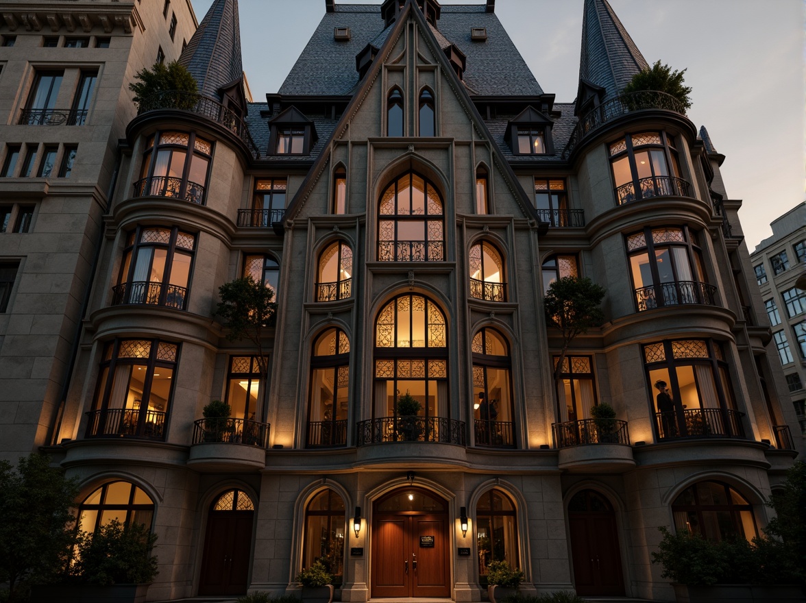 Prompt: Ornate office building, pointed arches, ribbed vaults, flying buttresses, intricate stone carvings, grand entrance portals, heavy wooden doors, iron hinges, stained glass windows, tall spires, dramatic verticality, richly textured stonework, mysterious ambient lighting, warm golden hour, low-angle shot, 1/2 composition, cinematic atmosphere, realistic weathering effects.