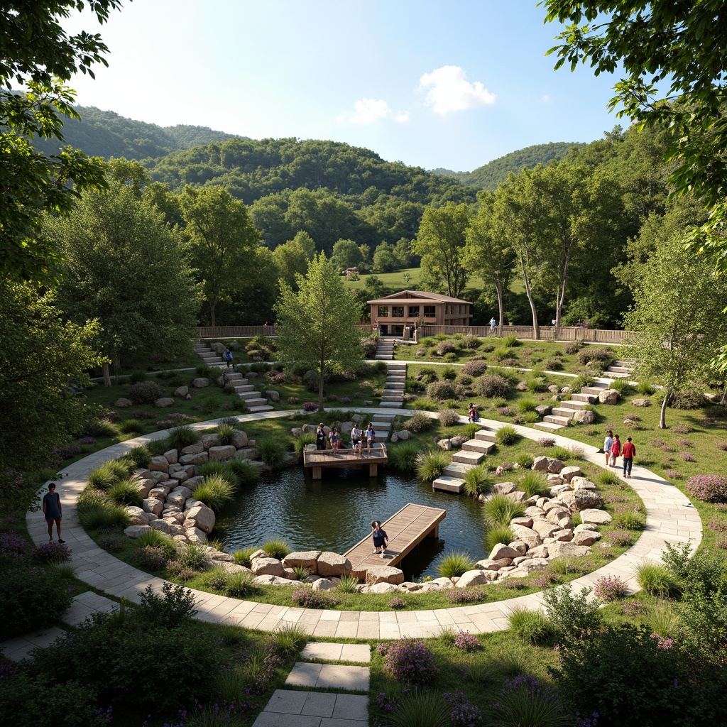 Prompt: Natural amphitheater setting, lush greenery, rolling hills, meandering pathways, stone seating areas, tiered landscape design, curved retaining walls, integrated water features, cascading waterfalls, native plant species, rustic wooden bridges, sunny day, soft warm lighting, shallow depth of field, 3/4 composition, panoramic view, realistic textures, ambient occlusion.