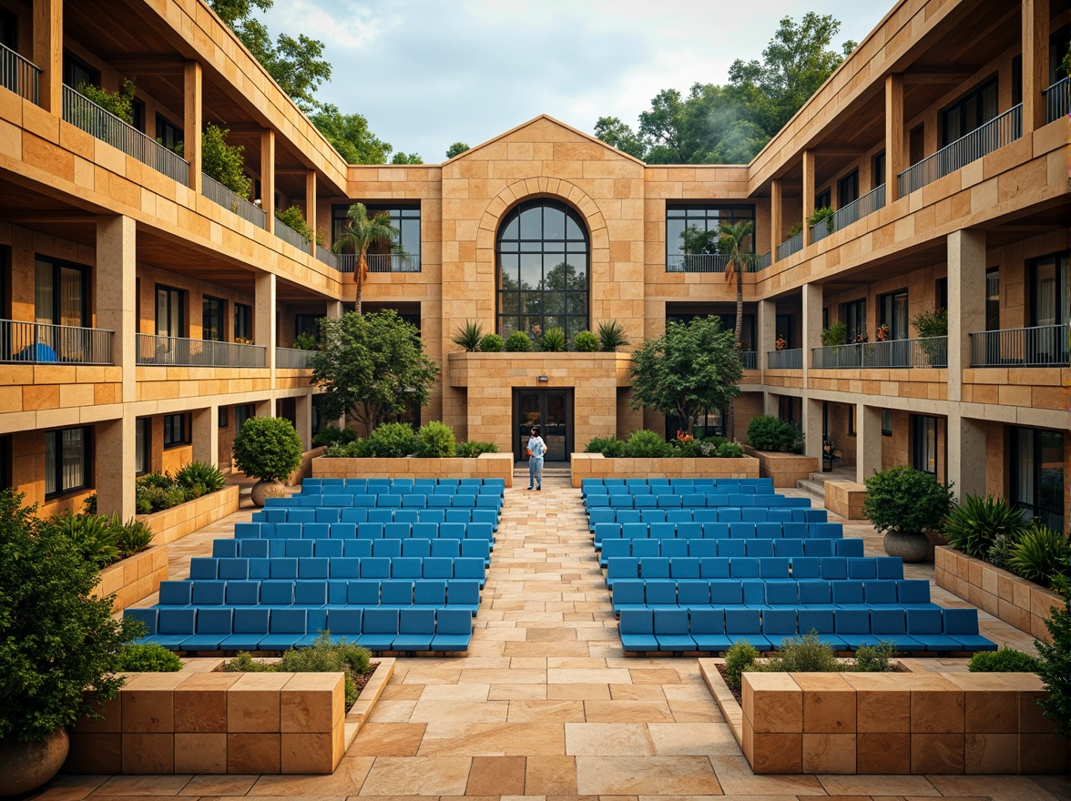 Prompt: Vibrant amphitheater, gradient blue seats, warm beige stone walls, earthy tone flooring, lush greenery surroundings, natural wood accents, metallic silver railings, soft cream lighting, sunset glow, atmospheric mist, shallow depth of field, 1/2 composition, symmetrical architecture, grandiose entrance, ornate details, rustic textures, ambient occlusion.