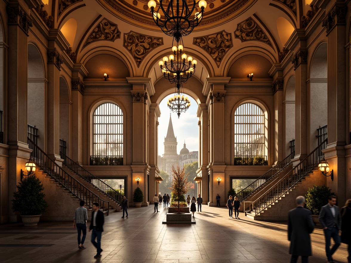 Prompt: Grandiose metro station, Romanesque archways, ornate columns, intricate stonework, vaulted ceilings, grand staircases, lavish chandeliers, rich marble floors, warm golden lighting, bustling urban atmosphere, morning rush hour, soft focus background, shallow depth of field, 1/2 composition, dramatic shadows, realistic textures, ambient occlusion.