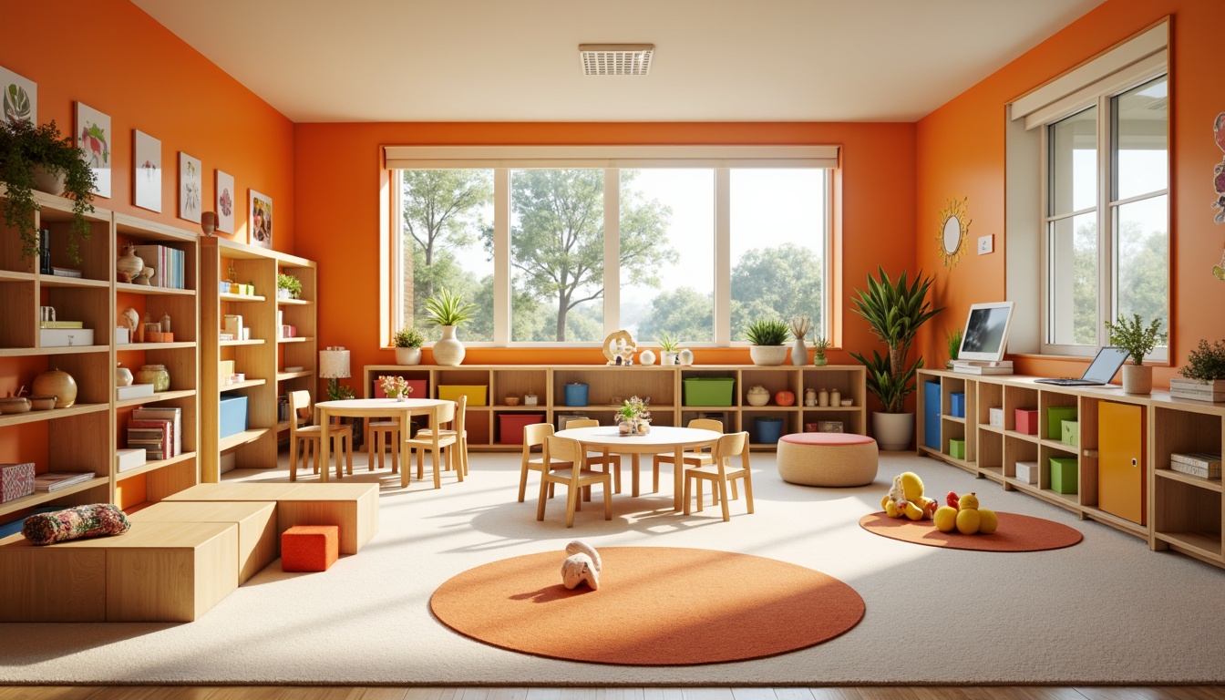 Prompt: Vibrant kindergarten interior, orange accent walls, playful wooden furniture, soft cream-colored carpets, energetic circular tables, colorful toy storage bins, whimsical wall murals, natural light pouring in, warm and inviting atmosphere, shallow depth of field, 1/1 composition, realistic textures, ambient occlusion.