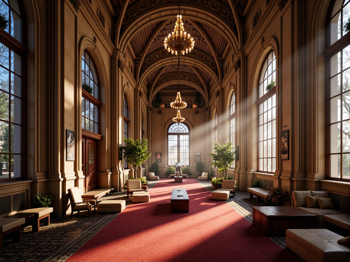 Prompt: Grandiose office building, ornate Gothic archways, vaulted ceilings, ribbed columns, stained glass windows, intricate stone carvings, luxurious wooden furnishings, regal red carpeting, dramatic chandeliers, warm golden lighting, shallow depth of field, 1/1 composition, realistic textures, ambient occlusion.