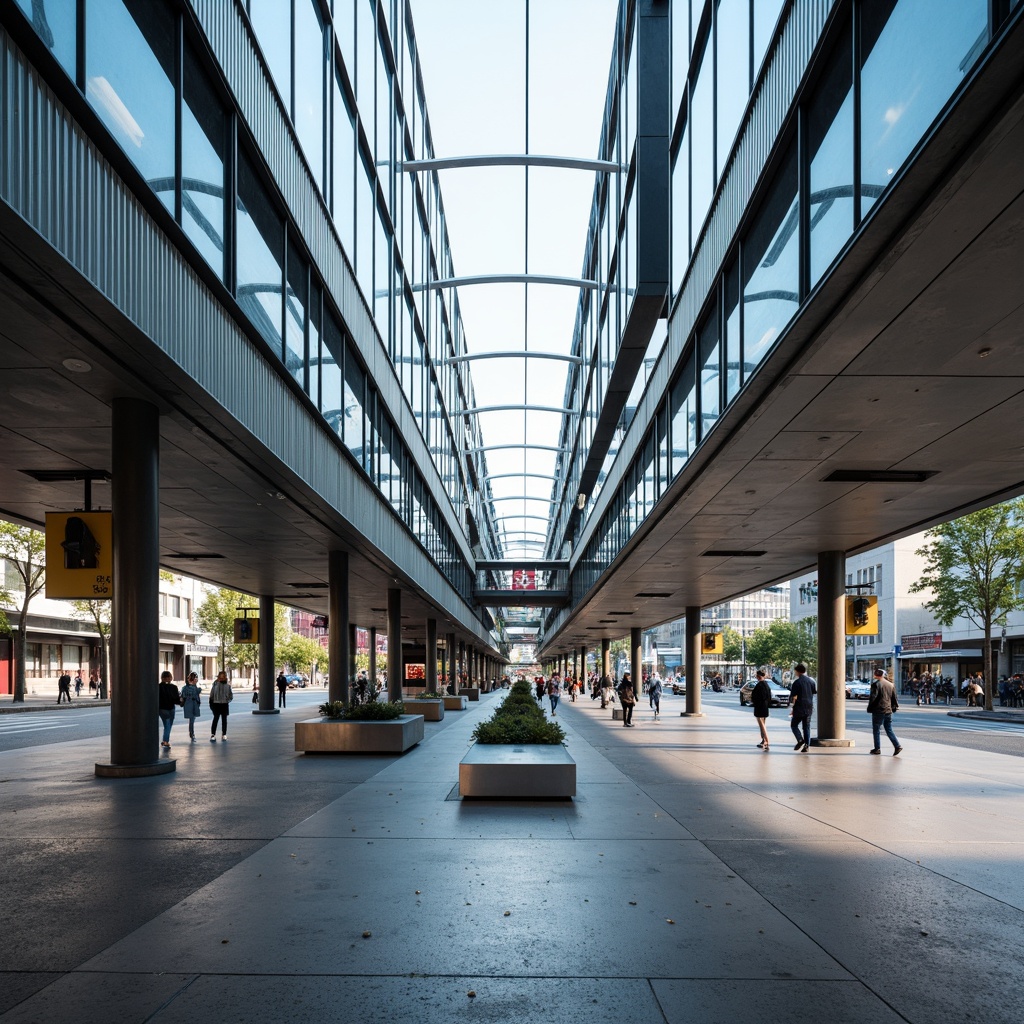 Prompt: Modern bus station, sleek metal framework, transparent glass roofs, industrial-style lighting, polished concrete floors, stainless steel benches, minimalist signage, urban cityscape, busy streets, morning commute, soft natural light, shallow depth of field, 1/2 composition, realistic reflections, ambient occlusion, brutalist architecture, exposed ductwork, ribbed metal panels, cantilevered roofs, functional design, efficient circulation paths.