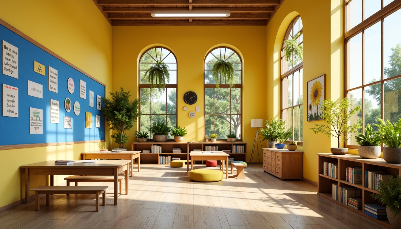 Prompt: Vibrant kindergarten classroom, bright yellow walls, blue educational charts, green leafy plants, wooden desks, colorful student artwork, inspirational quotes, interactive whiteboards, circular reading areas, soft cushioned seating, natural wood flooring, large windows, sunny day, warm soft lighting, shallow depth of field, 1/1 composition, realistic textures, ambient occlusion.