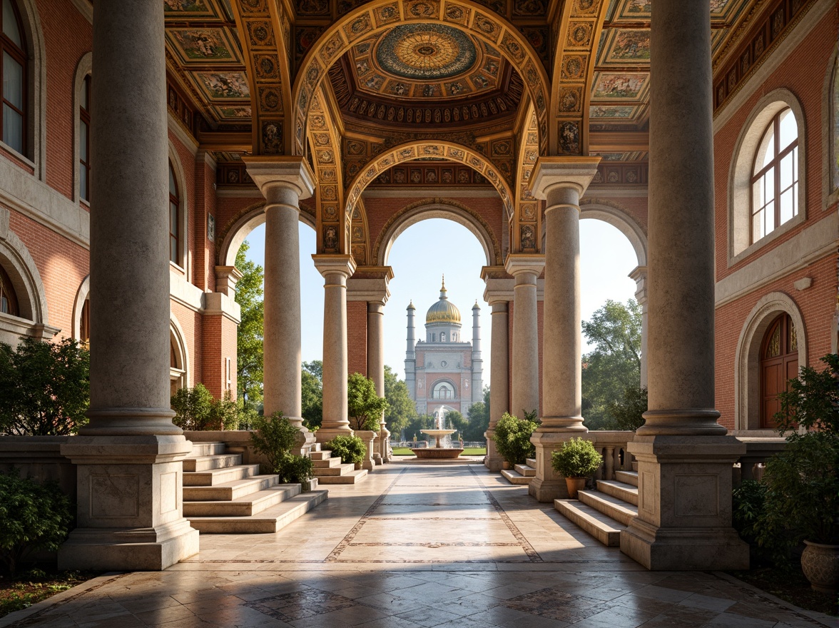 Prompt: Intricate stone carvings, golden domes, majestic arches, ornate columns, vibrant mosaics, rustic brick walls, grand entrance gates, sweeping staircases, high ceilings, natural light flooding, atmospheric fog effects, soft warm lighting, 1/1 composition, symmetrical framing, realistic textures, ambient occlusion, Byzantine-inspired patterns, luxurious marble floors, ornamental fountain features, lush greenery surroundings, sunny day, cloudless blue sky.