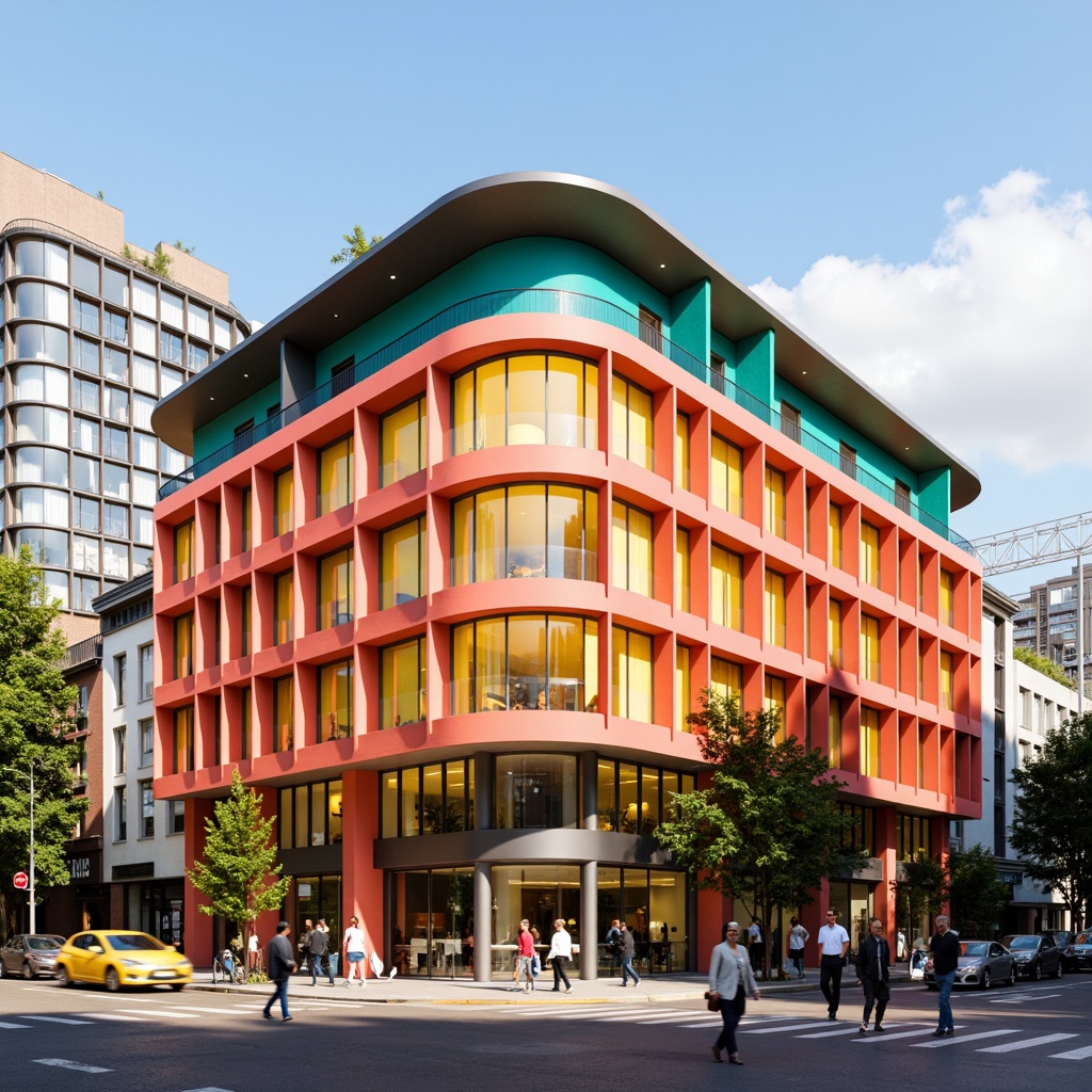 Prompt: Vibrant city hall, bold architectural lines, bright coral walls, turquoise accents, sunny yellow windows, sleek metal roofs, lively urban plaza, bustling streets, morning sunlight, warm golden lighting, shallow depth of field, 1/1 composition, realistic textures, ambient occlusion.