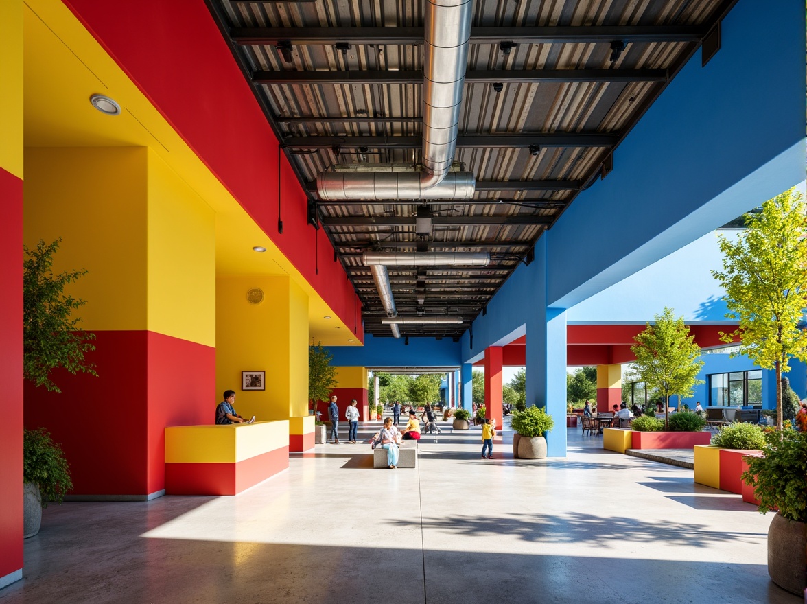 Prompt: Vibrant youth center, bold geometric shapes, primary color scheme, bright red accents, deep blue tones, yellow highlights, greenery walls, industrial metal beams, exposed ductwork, polished concrete floors, minimalist furniture, angular architecture, modern urban landscape, sunny day, high contrast lighting, 1/1 composition, symmetrical view, realistic textures, ambient occlusion.