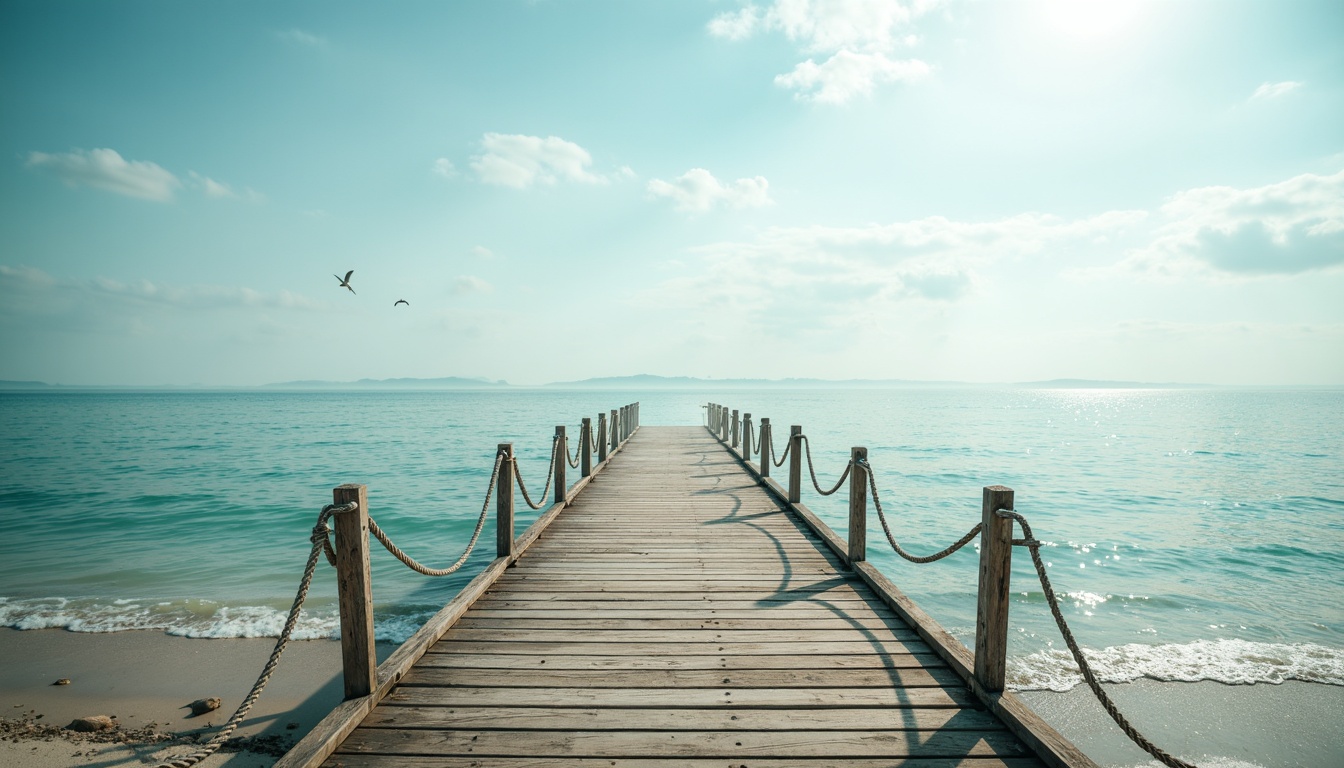 Prompt: Calm oceanic atmosphere, soft blue hues, creamy whites, gentle turquoise accents, weathered wooden docks, rustic nautical ropes, serene sea views, misty morning light, warm sunbeams, shallow depth of field, 1/1 composition, symmetrical framing, realistic textures, ambient occlusion, tranquil beach scenes, sandy shores, seagulls flying overhead.