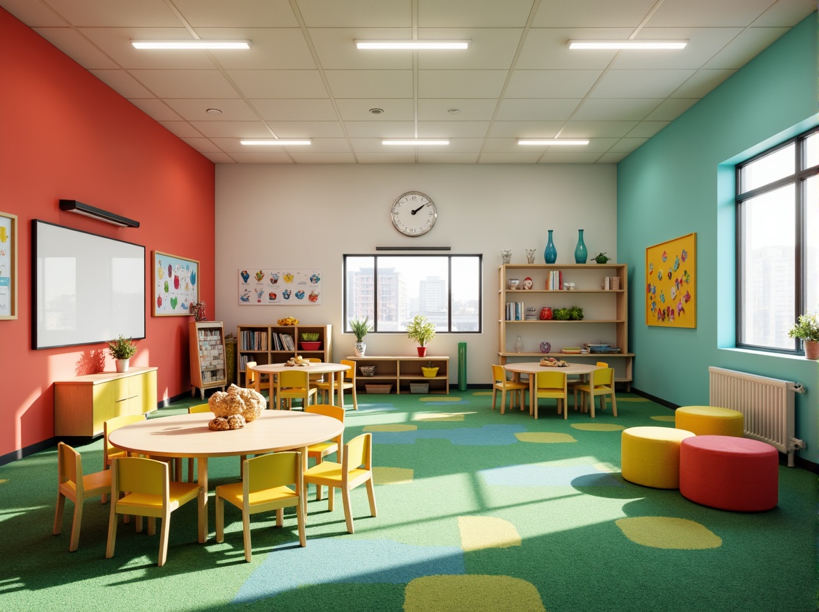 Prompt: Vibrant kindergarten classrooms, playful color schemes, bright coral walls, turquoise accents, yellow furniture, green carpets, interactive whiteboards, educational posters, wooden tables, ergonomic chairs, modern lighting fixtures, abstract geometric patterns, stimulating textures, shallow depth of field, 1/1 composition, realistic renderings, ambient occlusion.