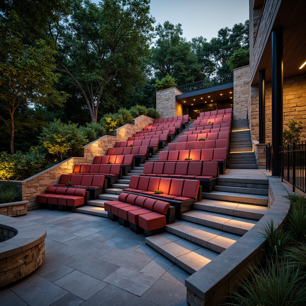 Prompt: Tiered seating, curved rows, sleek metal frames, minimalist design, bold color accents, geometric patterns, modernist architecture, open-air performance space, lush greenery surroundings, natural stone walls, warm LED lighting, dramatic shadows, 1/2 composition, shallow depth of field, realistic textures, ambient occlusion.