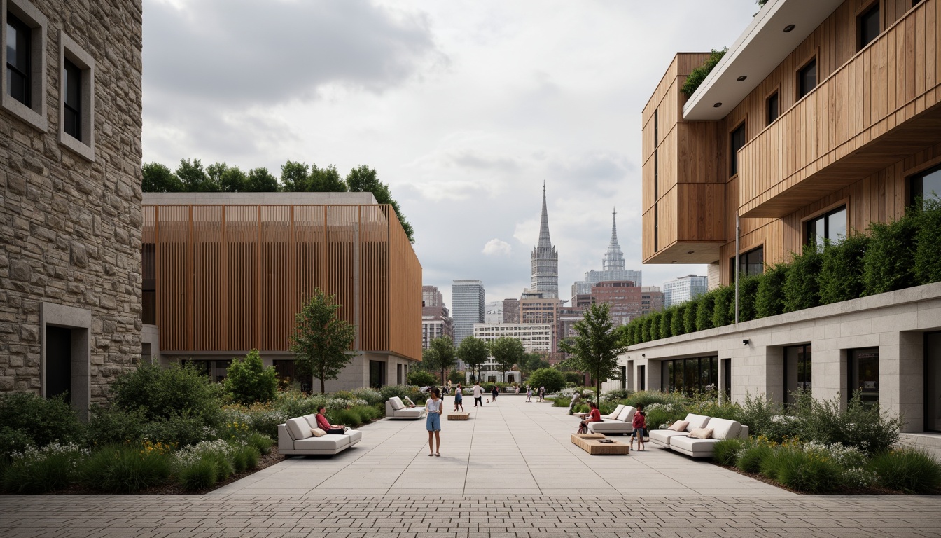 Prompt: Rustic stone walls, smooth wooden accents, polished metal surfaces, rough concrete textures, vibrant green roofs, modern minimalist buildings, angular lines, abstract sculptures, urban cityscape, cloudy grey sky, warm natural lighting, shallow depth of field, 1/2 composition, realistic reflections, ambient occlusion.