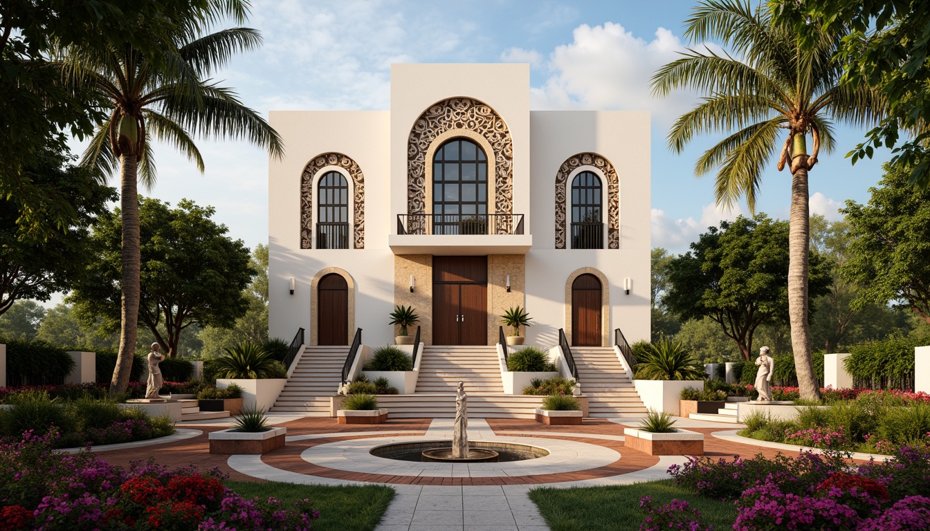 Prompt: Art Deco church, ornate facades, symmetrical entrance, grand staircases, intricate stone carvings, metallic accents, geometric patterns, vibrant florals, lush greenery, tropical palms, circular fountains, ornamental statues, warm lighting, shallow depth of field, 3/4 composition, panoramic view, realistic textures, ambient occlusion.Let me know if you need any adjustments!