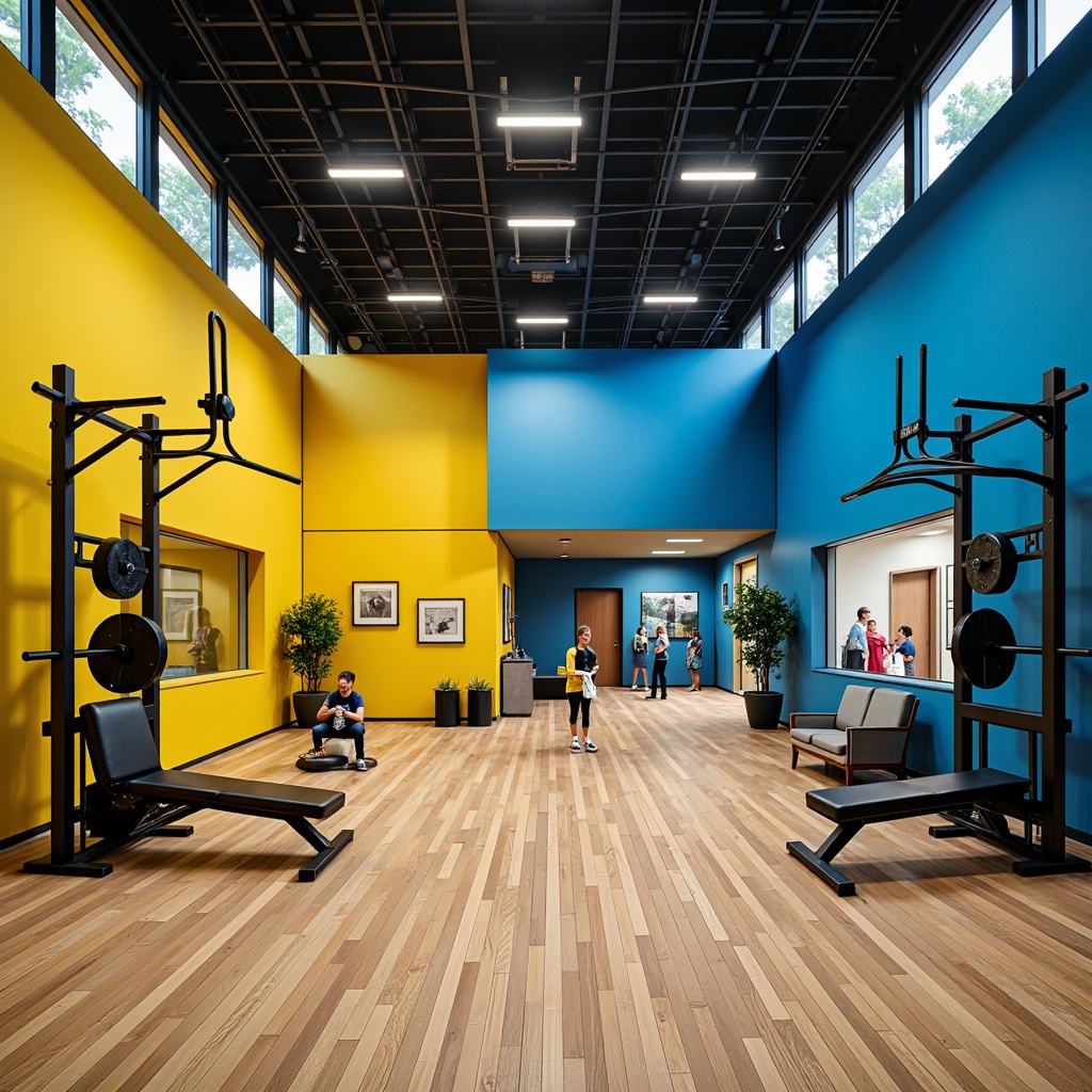 Prompt: Vibrant gymnasium interior, bold color scheme, energetic atmosphere, bright yellow accents, deep blue tones, sleek metallic equipment, polished wood floors, modern architecture, large windows, natural light, dynamic shadows, 3/4 composition, shallow depth of field, soft warm lighting, realistic textures, ambient occlusion.