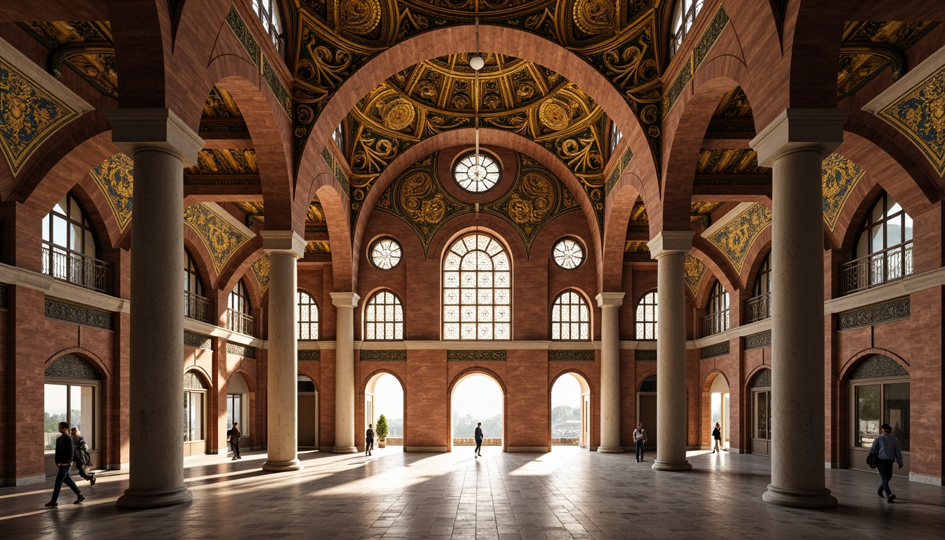 Prompt: Intricate Byzantine roof ornaments, golden domes, grand arched windows, ornate stone carvings, vibrant mosaic patterns, richly textured brickwork, imposing pillars, dramatic vaulted ceilings, grandiose entrance archways, luxurious marble floors, soft warm lighting, shallow depth of field, 1/1 composition, realistic textures, ambient occlusion.