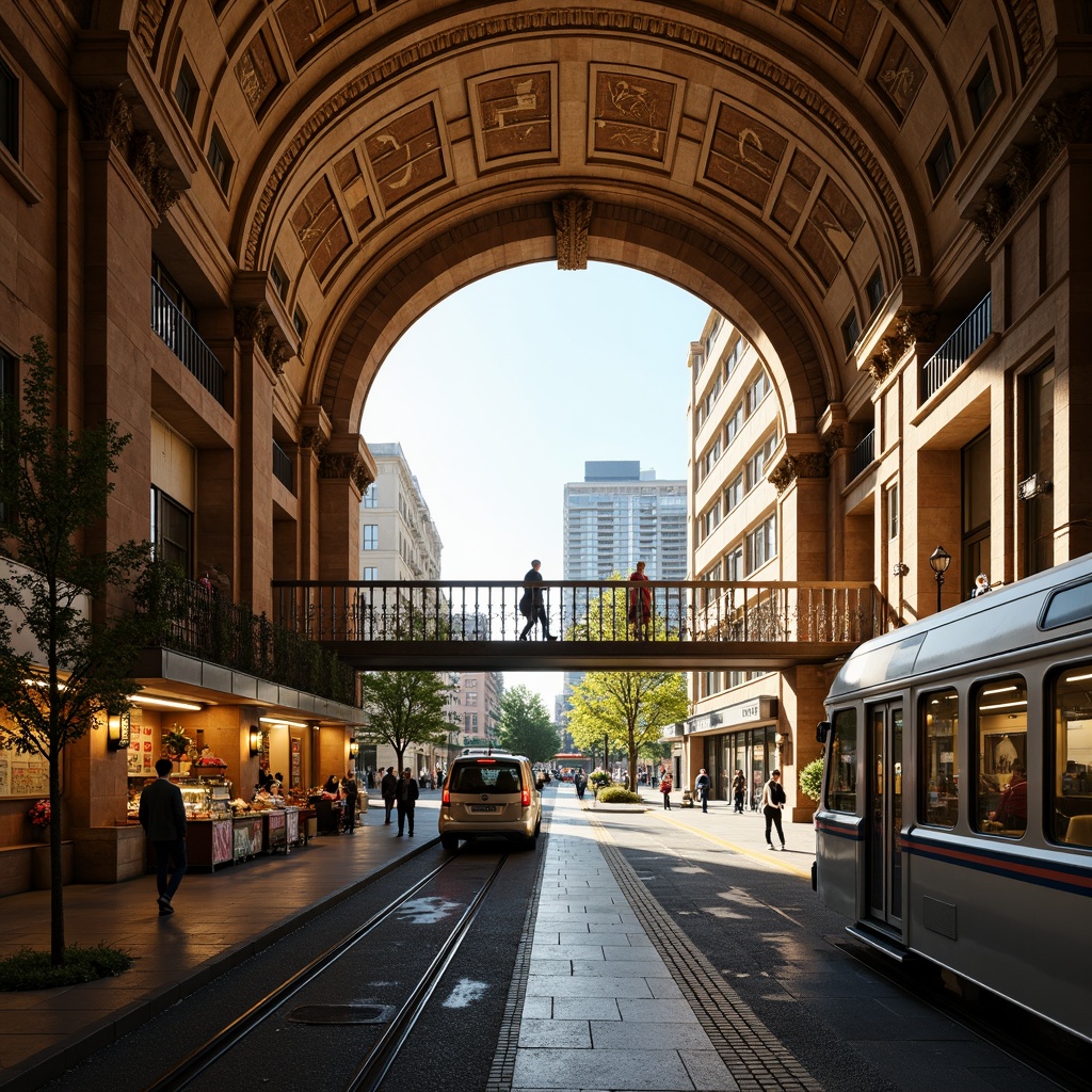 Prompt: Grand metro station, Romanesque archways, ornate stone carvings, vaulted ceilings, majestic columns, intricate mosaics, warm golden lighting, bustling pedestrian traffic, sleek modern trains, polished steel tracks, urban cityscape, vibrant street art, eclectic food vendors, lively street performers, soft natural light pouring in, shallow depth of field, 1/2 composition, realistic textures, ambient occlusion.