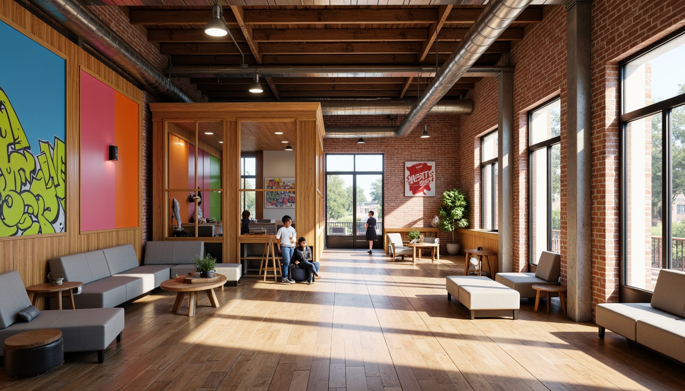 Prompt: Vibrant youth center, exposed brick walls, wooden accents, colored glass partitions, playful murals, urban graffiti, modern furniture, soft cushions, cozy reading nooks, natural wood floors, industrial metal beams, reclaimed wood ceilings, bright color scheme, warm lighting, shallow depth of field, 1/1 composition, realistic textures, ambient occlusion.